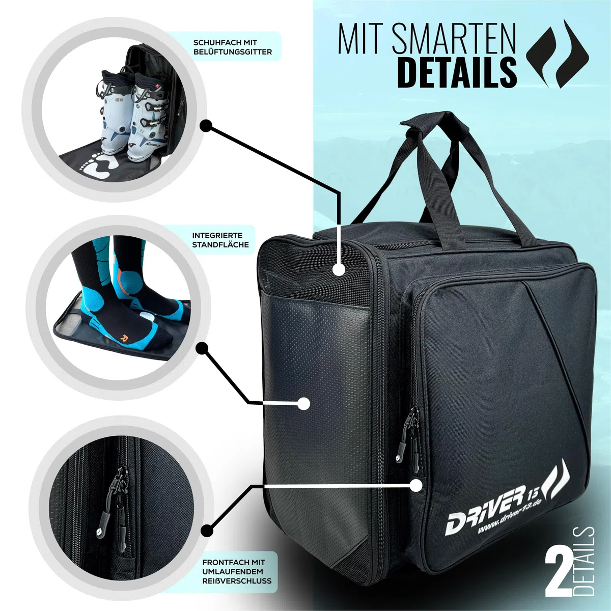 Driver13 Zaino da sci con scomparto per casco, ideale per i tuoi scarponi da sci con scomparto per casco duro + snowboard + pattini in linea + borsa da barca, dal 2007 l'originale con oltre 40.000