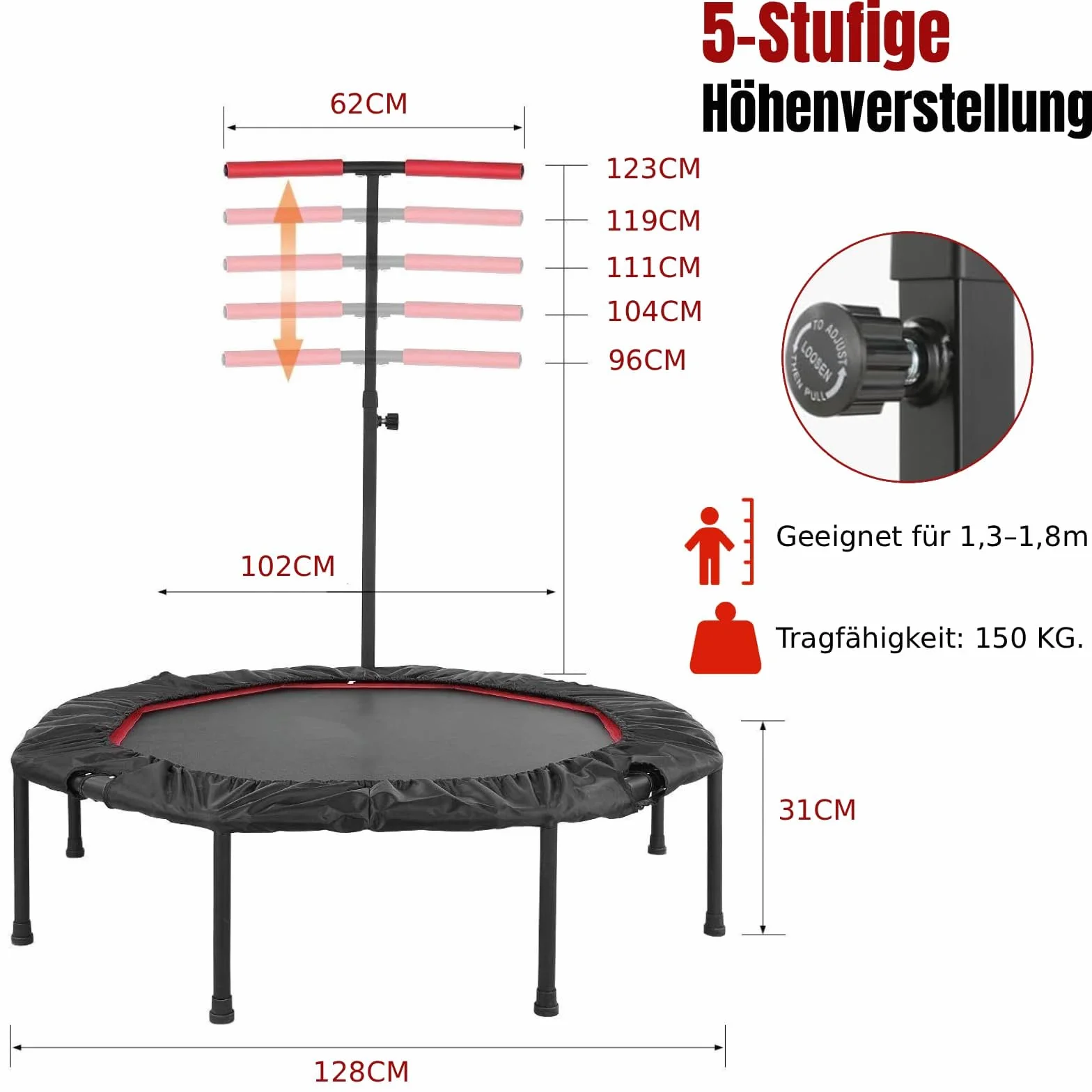 LIFERUN Mini trampolino elastico da interno per adulti Ø128 cm,Piccolo trampolino elastico da fitness,Jump Rebounder per allenamento,Capacità di carico 150 kg,Maniglie regolabili,Casa,Rosso