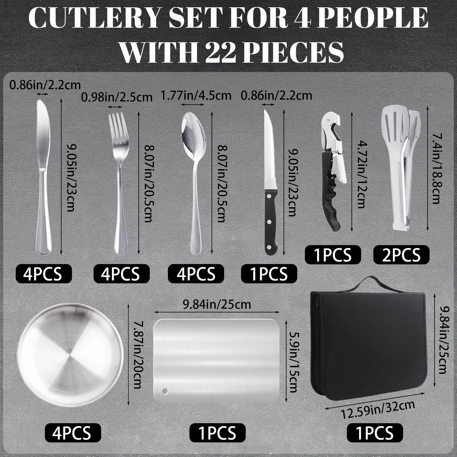 Set di stoviglie da campeggio per 4 persone, 22 posate da campeggio portatili, posate da campeggio con cucchiaio, forchetta, coltello, clip piatto in acciaio inox 304, portaposate per picnic, viaggi