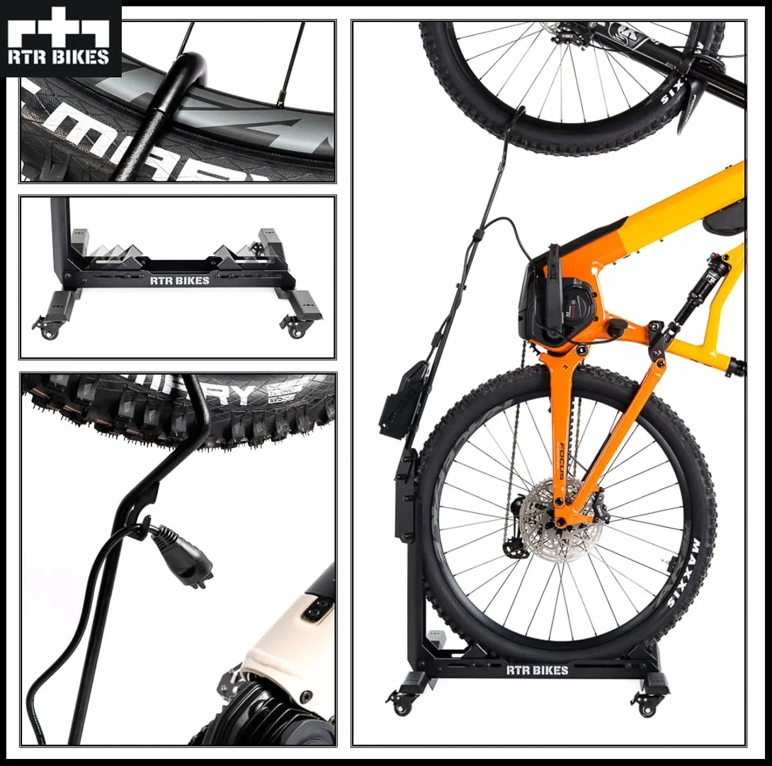 RTR BIKES Brutus Up Pro Cavalletto Bici Mobile con Ruote – Postazione Ricarica E-Bike con Porta Caricabatterie – Supporto Verticale fino a 30kg – Gomme 3,5" – Made in EU