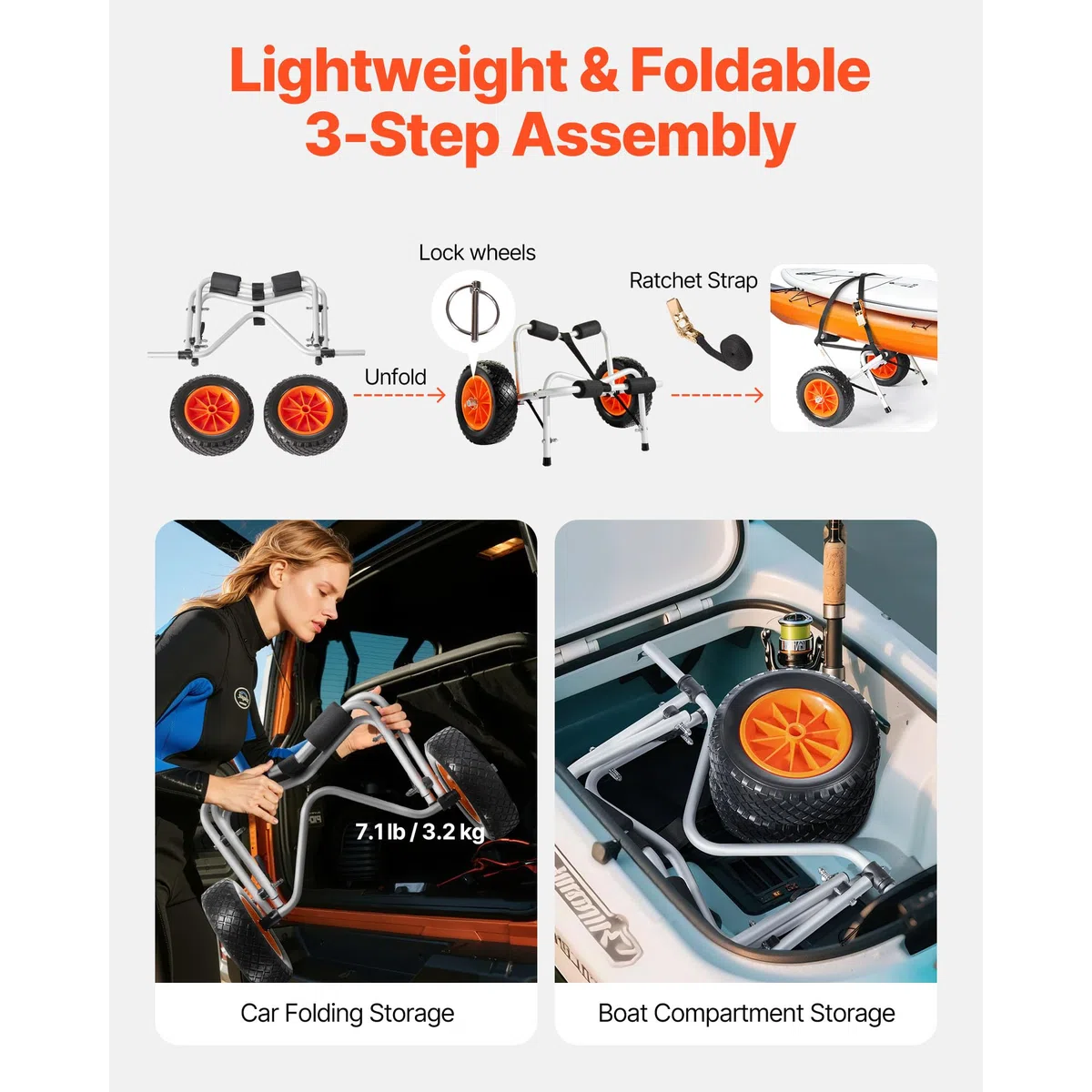 VEVOR Carrello Pieghevole per Kayak, capacità 113,4 kg, con Pneumatici in PU Piena da 400 mm e 1 Cinghia a Cricchetto, Carrello per Paddle Board per Il Trasporto di Kayak, Canoe, Paddleboard