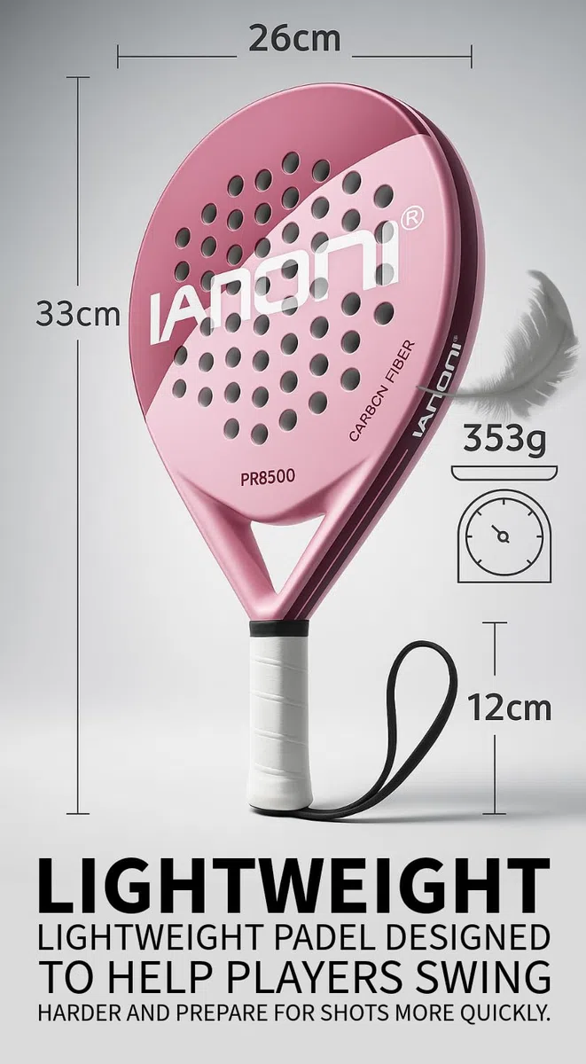 IANONI Racchetta da padel con superficie in fibra di carbonio con nucleo in schiuma EVA Memory Flex Foam Racchette da tennis Paddle Racchetta da tennis-8500 rosa