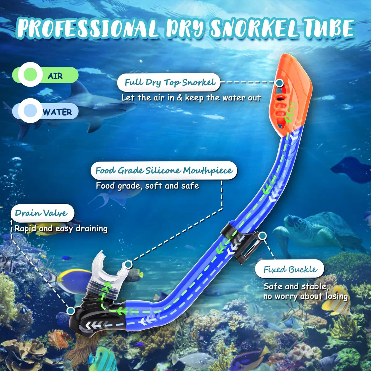 Set da snorkeling 4 in 1 per bambini, vista panoramica, maschera anti-appannamento, pinne Dry Top, con borsa da viaggio, attrezzatura per snorkeling per bambini, nuoto e immersioni