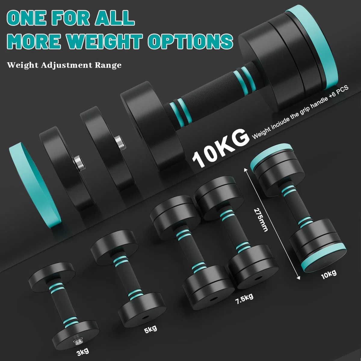 Dripex Set di 2 manubri regolabili in acciaio, peso di un singolo manubrio: 2,5 kgx2, 5 kgx2, 10 kgx2, manubri corti per la casa
