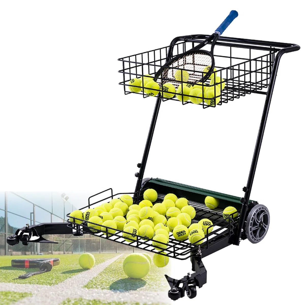 Carrello per raccogliere palline da tennis e retriever automatico, può contenere fino a 290 palline, raccoglie 90 alla volta per vari campi da tennis