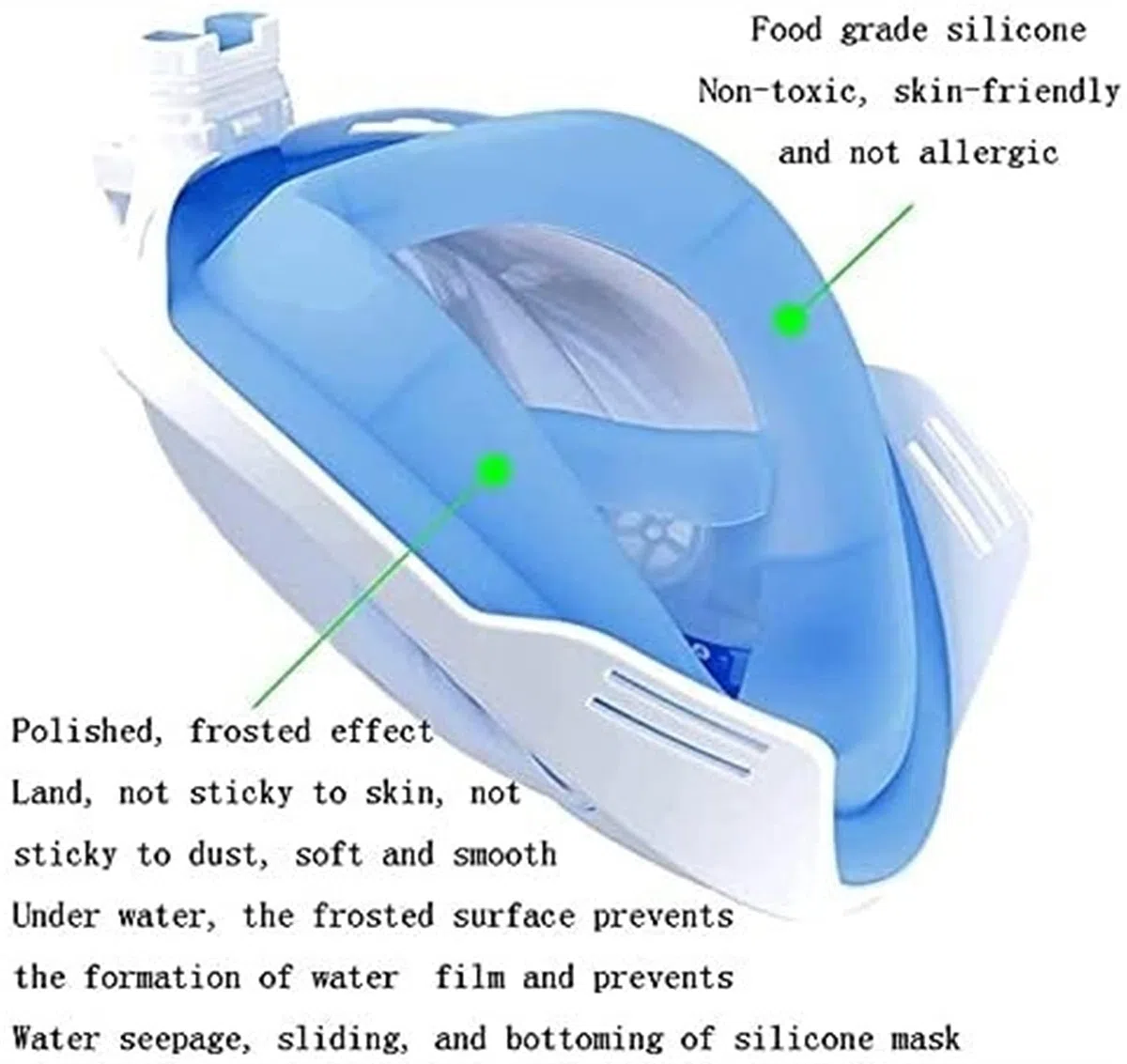 Maschera da snorkeling integrale in silicone, boccaglio subacqueo a 180°, maschera sub a bocca piatta di tipo asciutto, adatta for adulti e bambini