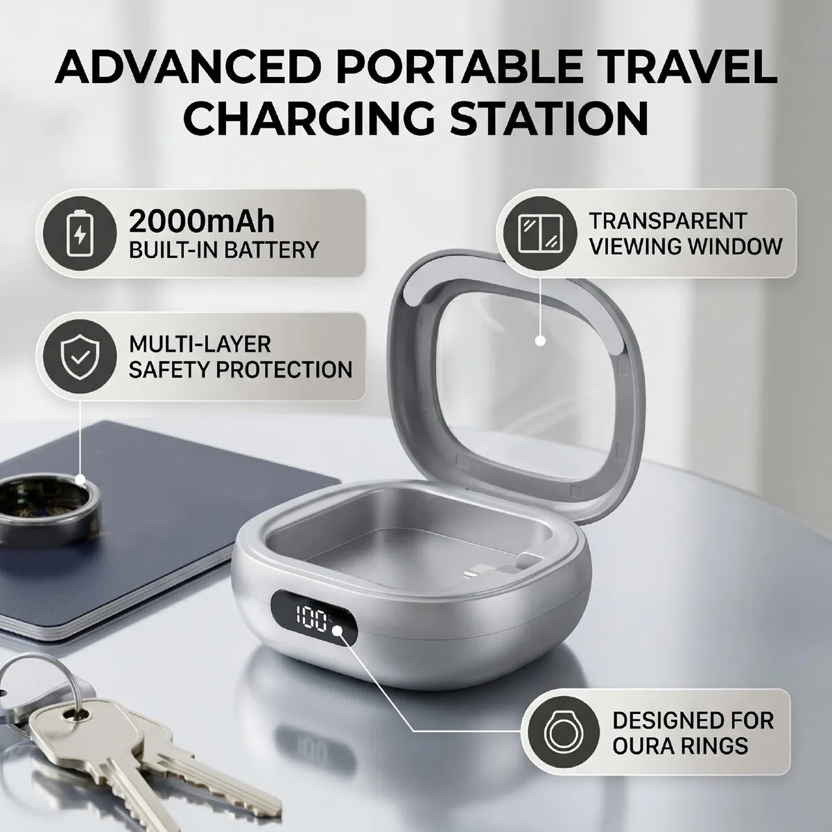 Wakects Custodia di Ricarica Adatta per Ring 3, Custodia Caricabatterie Smart Ring in ABS con Batteria da 2000 MAh, Finestra LED, Protezione Multipla, Stazione di Ricarica da Viaggio per Utenti Gen