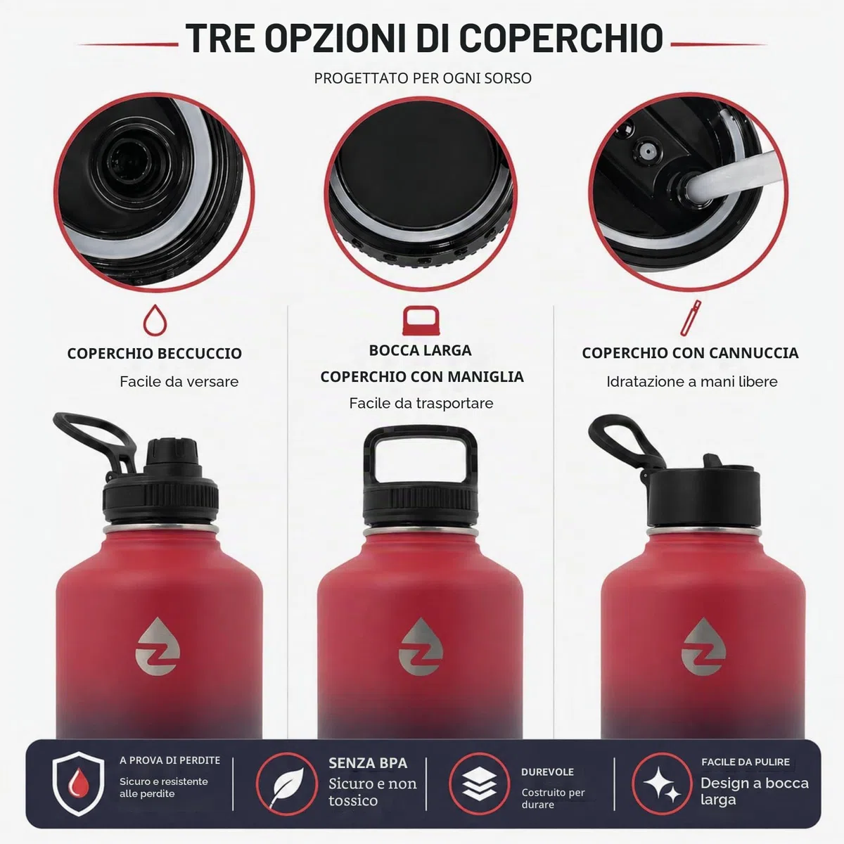 Borraccia Termica 2 Litri con Cannucce e 3 Coperchi, Borraccia Acciaio Inox con Manico in Paracord, Bottiglia Termica con Spazzole per Palestra, Escursionismo, Campeggio (Rosso+Viola)