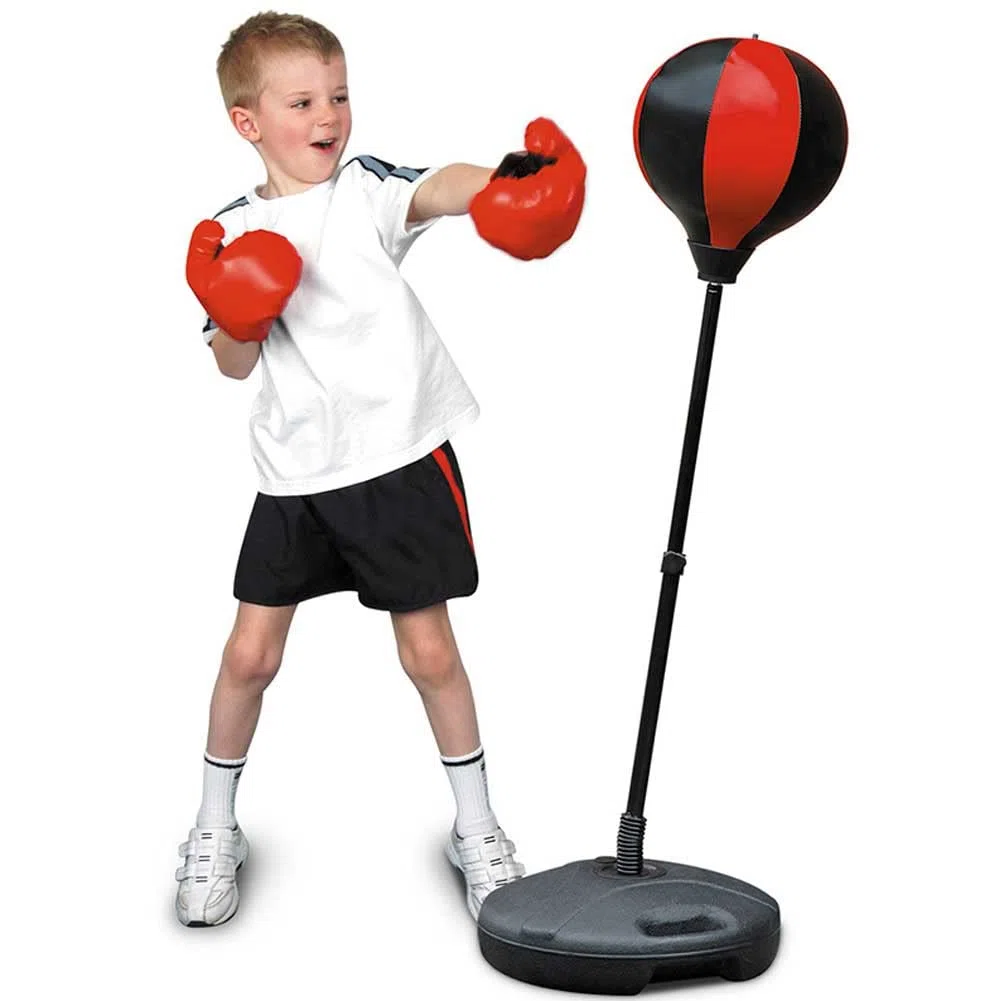 BAKAJI Set da Pugilato Giocattolo Bambini Punching Ball con Asta Regolabile Base Riempibile e Coppia di Guantoni da Boxe Gioco Sport in Plastica e Metallo Altezza Massima 124 cm
