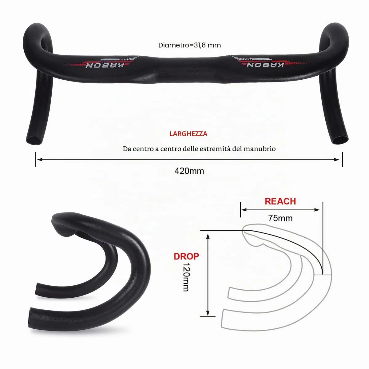 KABON Manubrio per bici da corsa, 31,8 mm, in alluminio, 400/420 mm