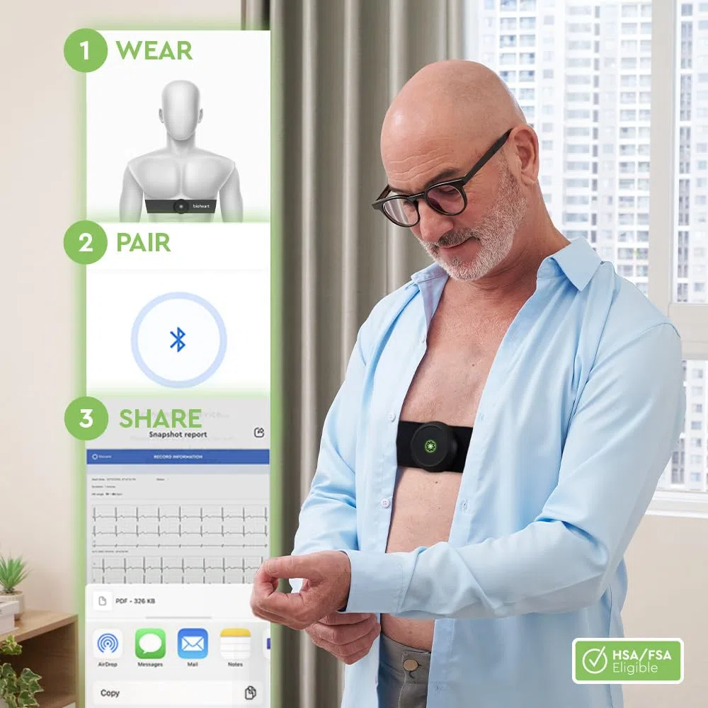 Bioheart - Cardiofrequenzimetro Bluetooth | Monitoraggio continuo della frequenza cardiaca | Fascia toracica Dispositivo mobile per la frequenza cardiaca | Abbonamento di un anno incluso