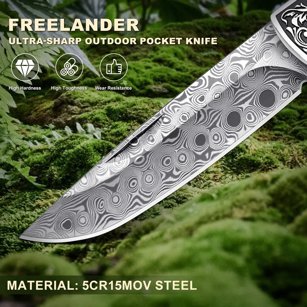Freelander Coltello tascabile pieghevole in acciaio 5CR15, manico in legno di pera, per esterni, sopravvivenza e pesca con fondina
