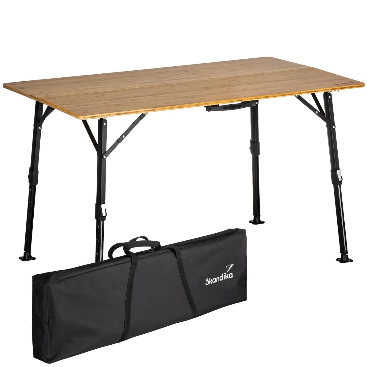 Skandika Tobro Tavolo da campeggio pieghevole | piano in bambù, regolabile in altezza, capacità di carico di 100 kg, resistente alle intemperie, borsa per il trasporto (120x70x70cm)