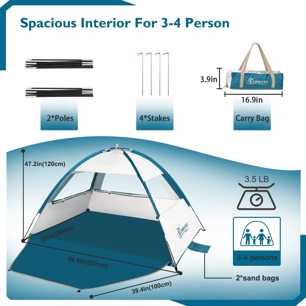 COMMOUDS Tenda da Spiaggia Per 3-4 Persone, Portatile UPF 50+, Leggera, Facile da Montare e da Trasportare. Tenda da Sole, da Campeggio, Pesca, Esterno