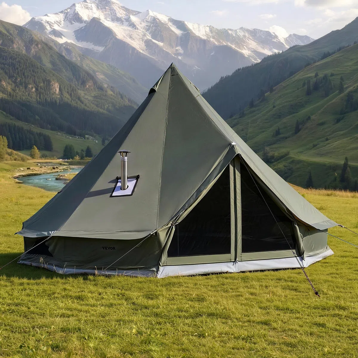 VEVOR Tenda a Campana in Tela 4 Stagioni 5 m per Campeggio, Tenda a Yurta con Presa Stufa, Tela Traspirante, Max 7 Persone, con Pavimento Staccabile con Cerniera, Uso Esterno per Campeggio Vacanze