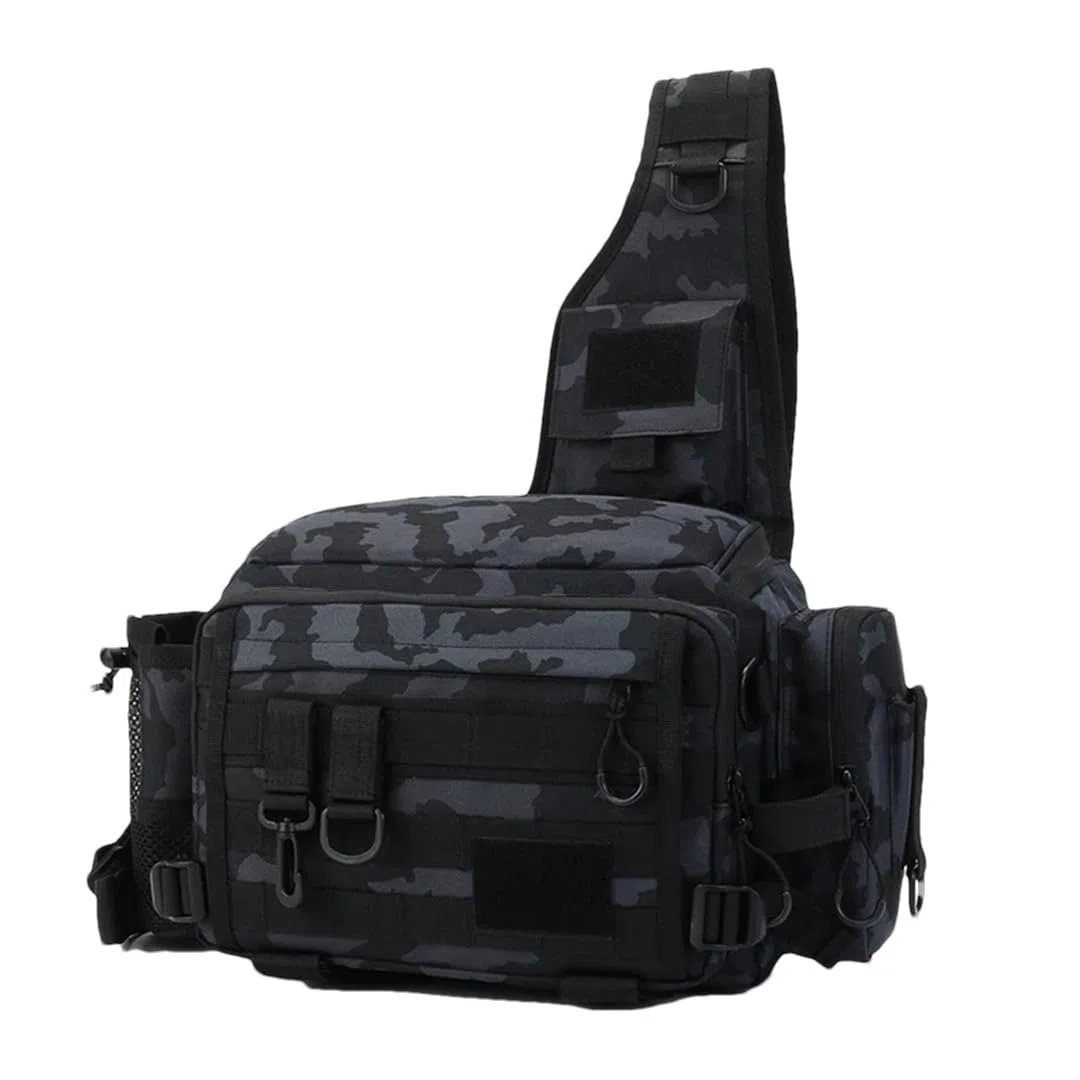 Suwequest Borsa da pesca con esche multifunzione Marsupio per canna da pesca Borsa a tracolla Borsa per attrezzi da pesca, Nero Camo Plus