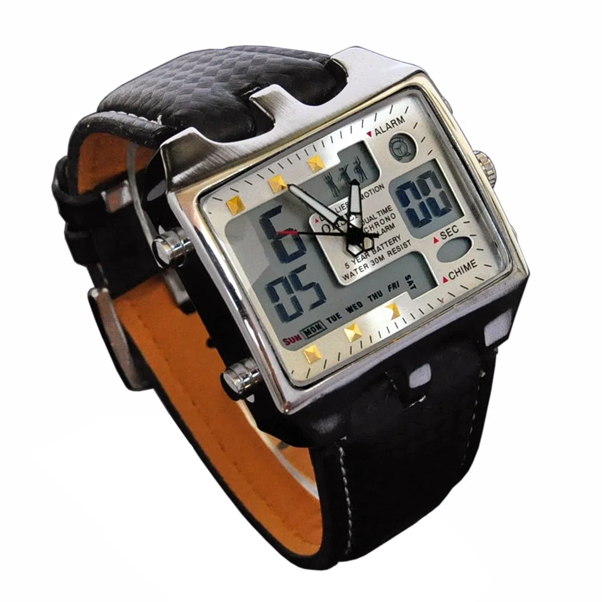 ShoppeWatch Orologio sportivo da arbitro da uomo, grande quadrante quadrato a LED, doppio fuso orario, analogico, digitale, con quadrante luminoso, cronometro, cinturino in pelle, per Hombre