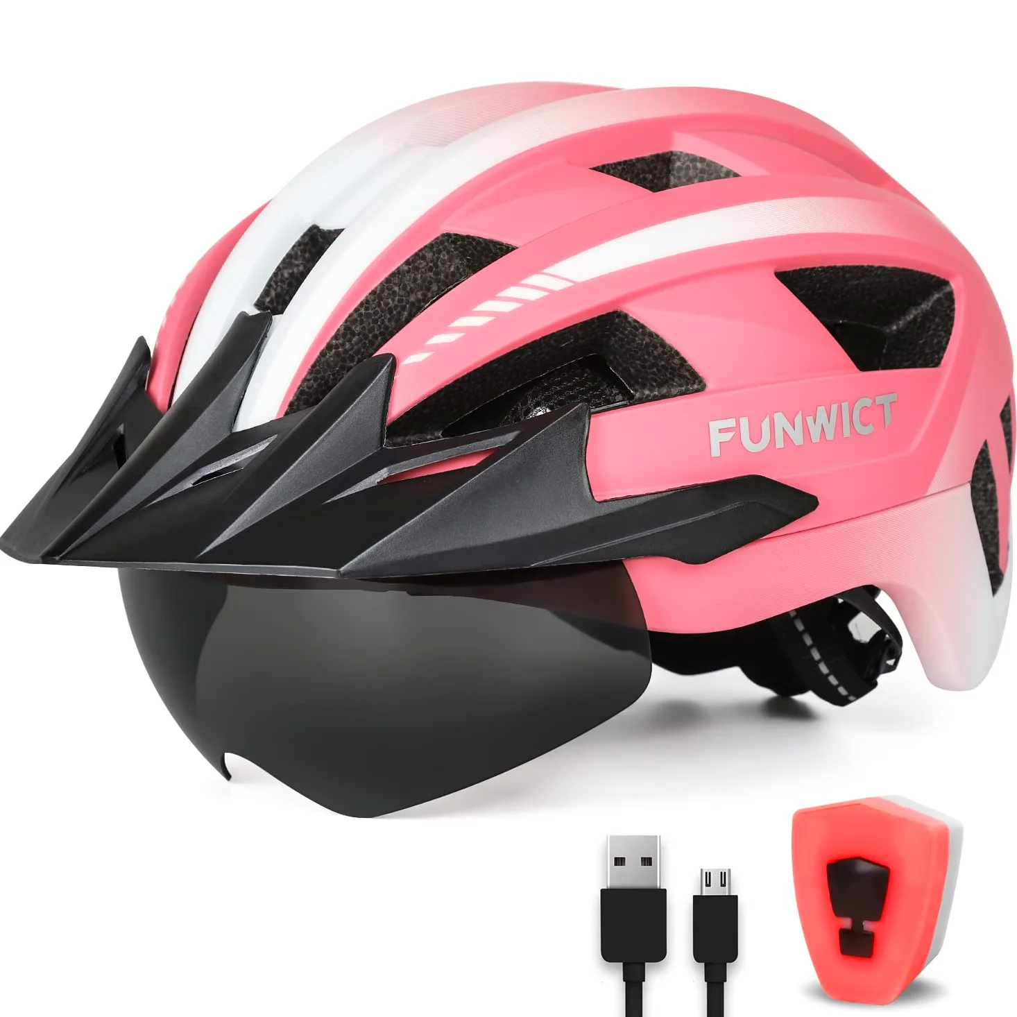 Casco Bici per Uomo Donna Adulto, Leggero Casco MTB con Visiera Rimovibili Occhiali Magnetici Staccabili e LED Luce Ricaricabile, Casco Ciclismo da Corsa Caschetto Bici (M: 54-58 cm, Rosa)