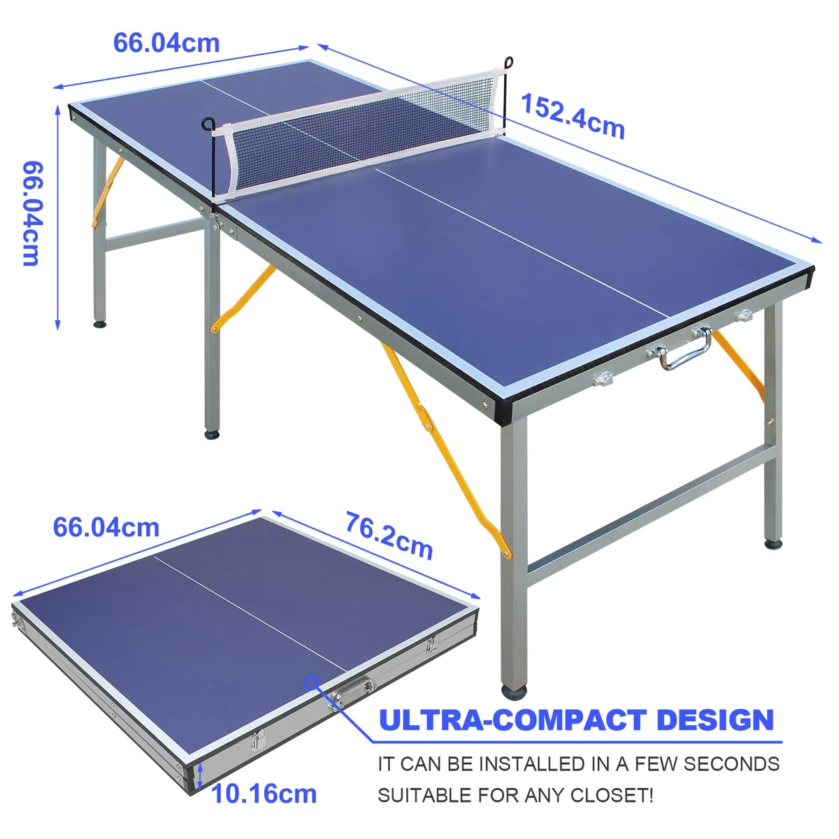 Tavolo da ping pong pieghevole da 137 cm, set da ping pong con rete e 2 racchette, pannello in MDF, gambe in metallo a U, salvaspazio, per interni ed esterni, bambini e adulti