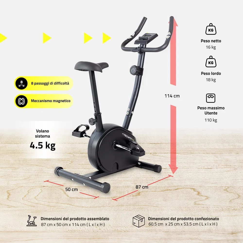 TechFit Cyclette da camera - Cyclette per Casa con Volano 4,5 kg, Sistema Magnetico a 8 Livelli e Supporto per Tablet per Fitness e Cardio a Casa (B250N)