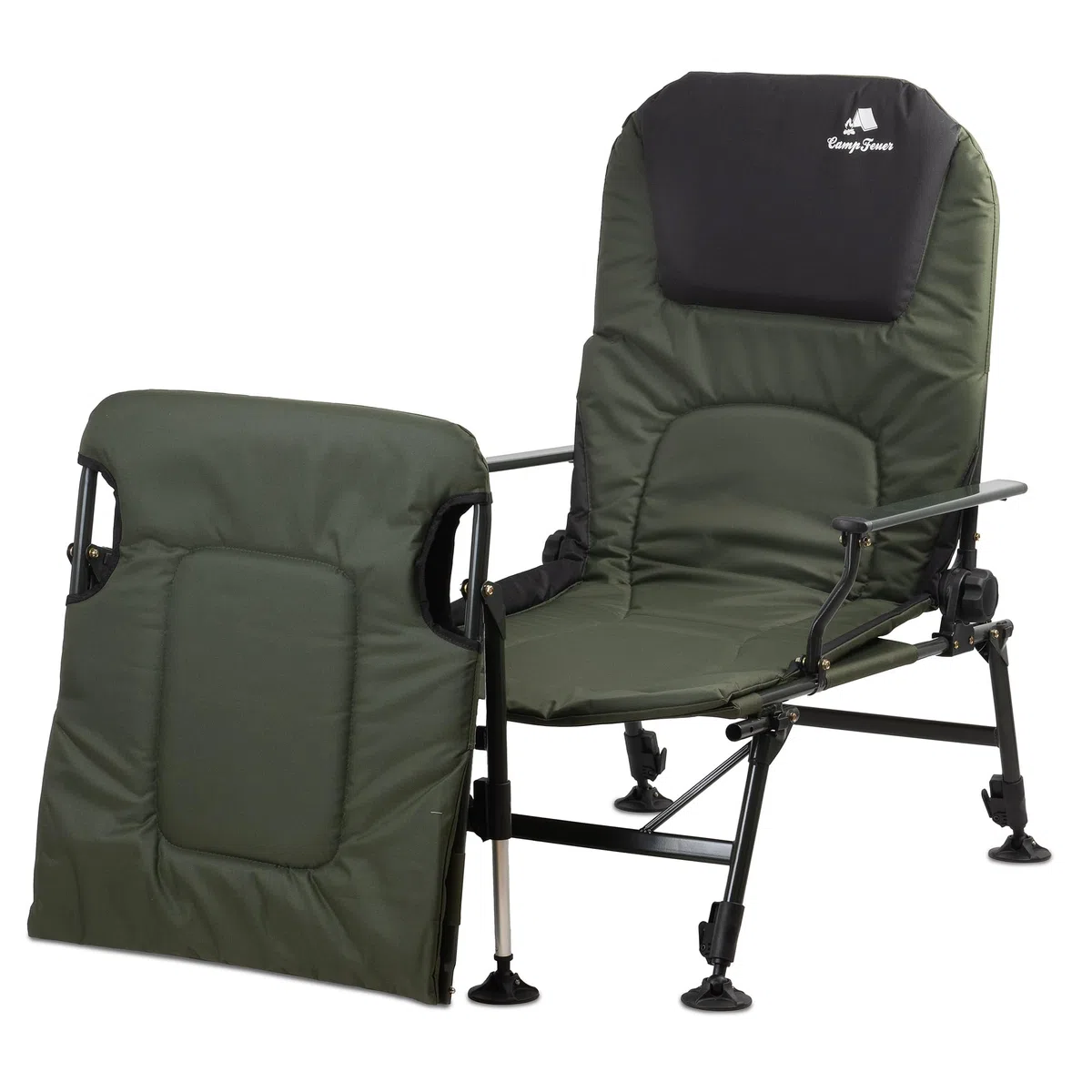 CampFeuer Sedia da Pesca 2 in 1 Verde Oliva | Sedia da Campeggio Regolabile in Altezza | Sedia da Carpa Pieghevole con poggiapiedi | Outdoor Travelchair per Campeggio, Tenda, Pesca