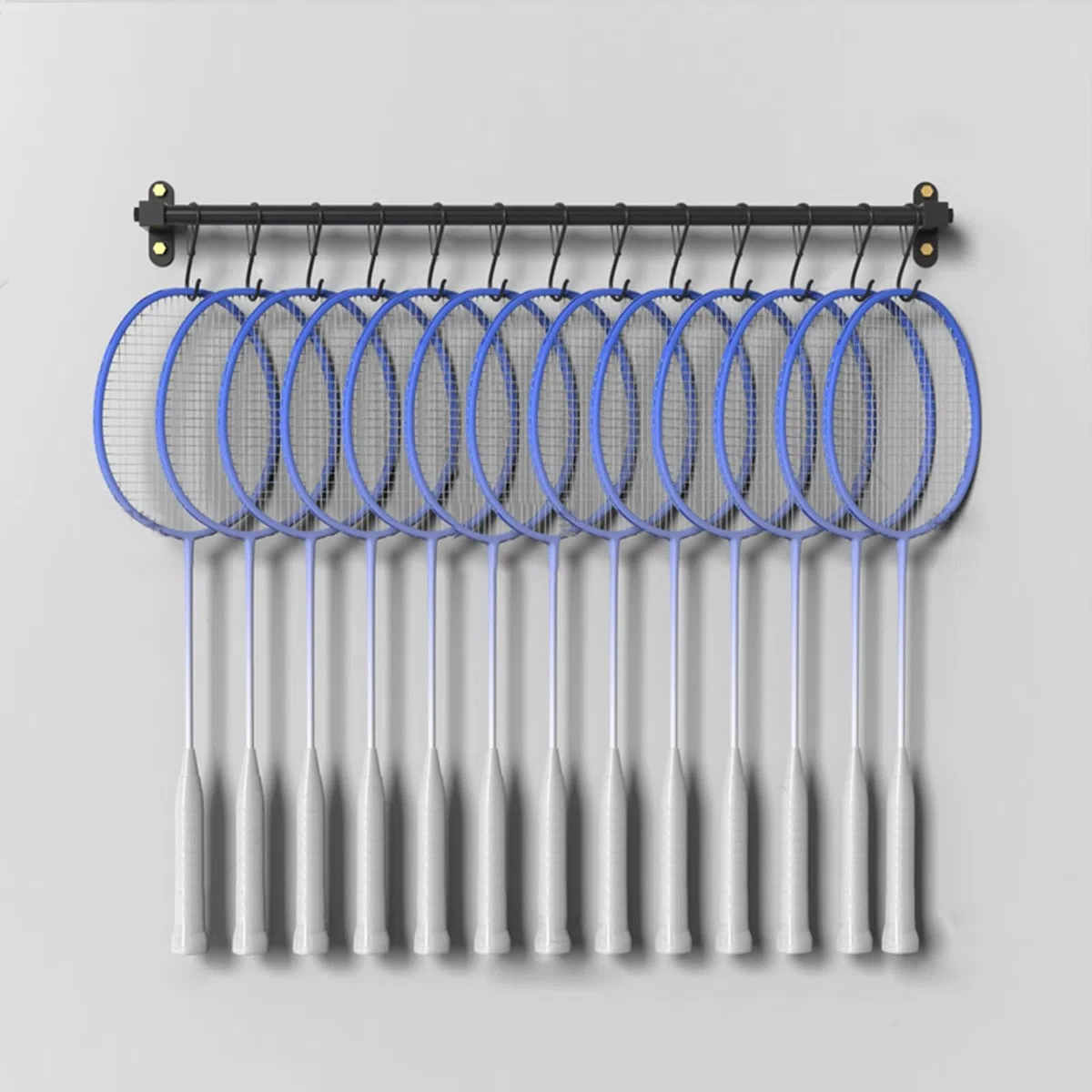 Supporto per racchette da parete con gancio a S, espositore nero per racchette da badminton/tennis da appendere, per casa, ufficio, garage, attrezzatura sportiva, salva spazio (asta da 145 cm