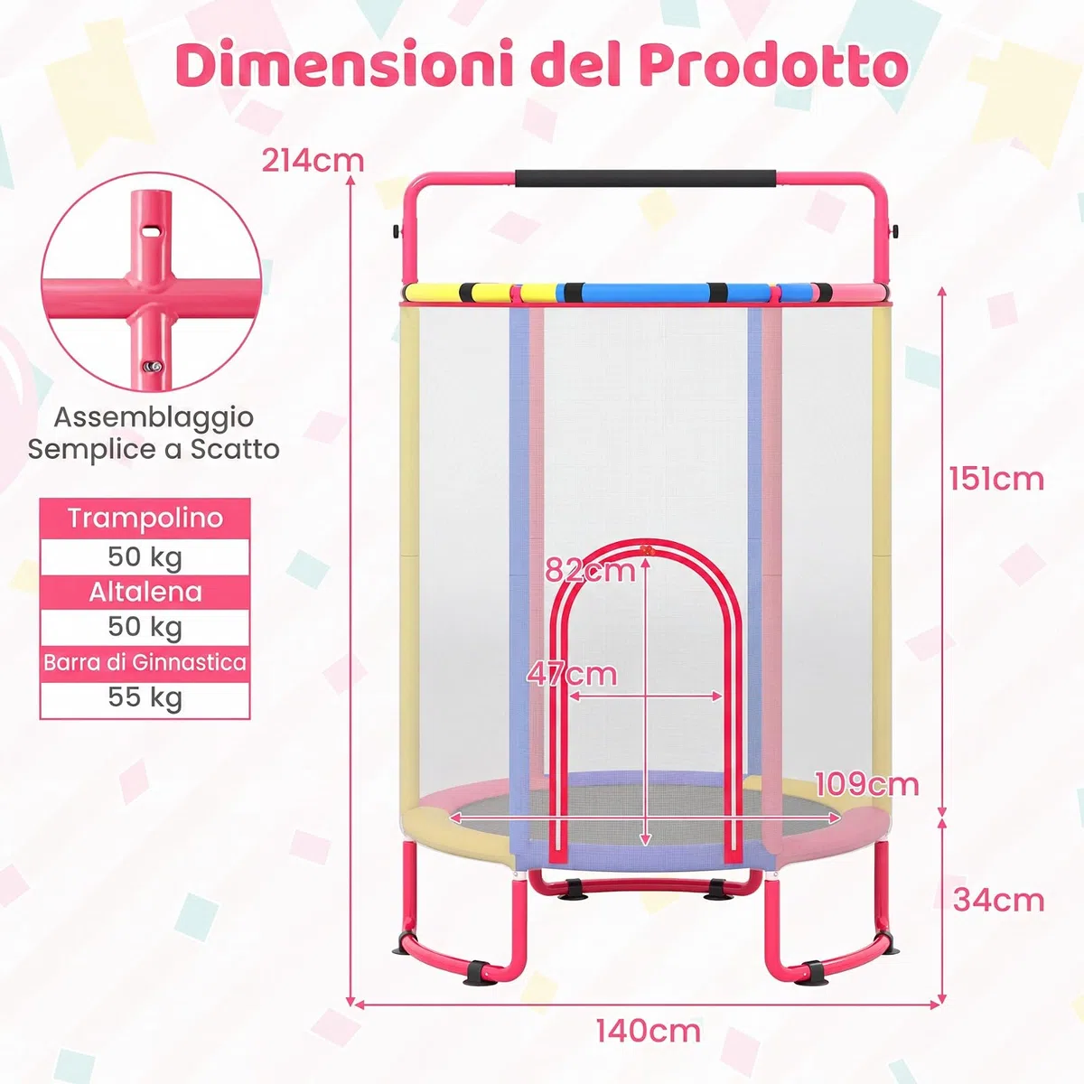 COSTWAY 6 in 1 Trampolino Bambini Interno ed Esterno | Tappetino Elastico con Altalena, Bersaglio, Barra e Anelli da Ginnastica, Canestro da Basket e Rete di Sicurezza, 3+ Anni