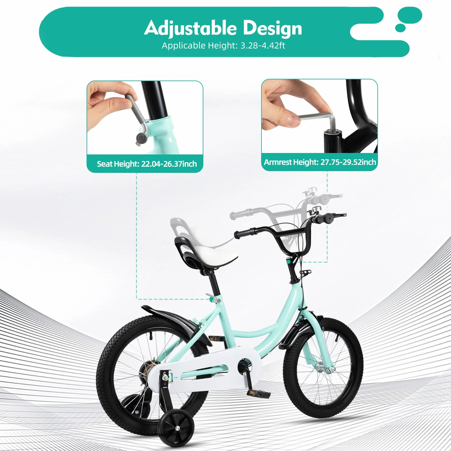 Bicicletta per bambini da 16 pollici, per bambini dai 5 agli 8 anni in su, con altezza corporea di 105 – 135 cm, regolabile in altezza, con ruote di supporto, bici da allenamento per sport e