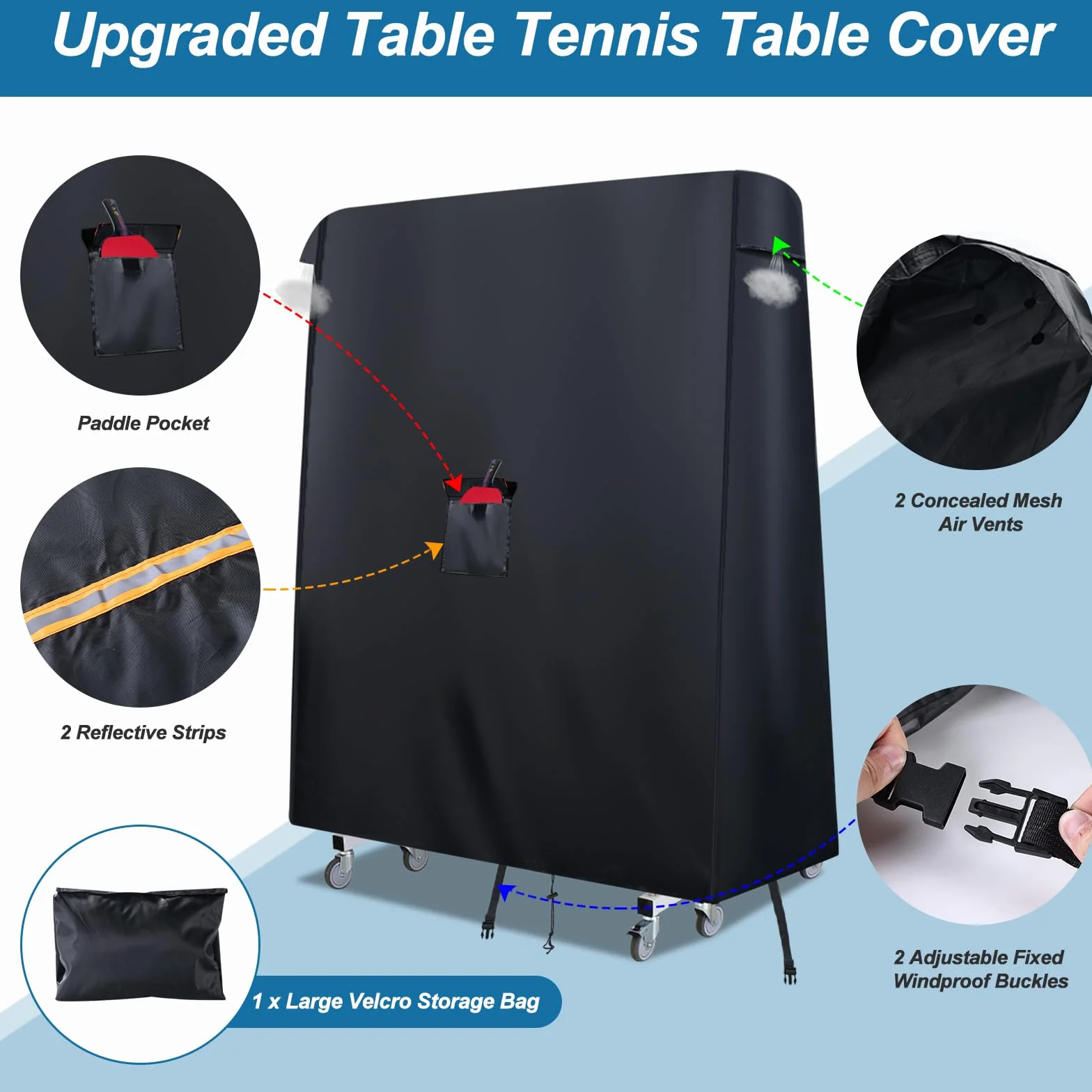 Copertura impermeabile per tavolo da ping pong, 420D, con 2 fibbie antivento, tasca per pagaia e presa d'aria, copertura universale per tavolo da ping pong, 165 x 70 x 185 cm