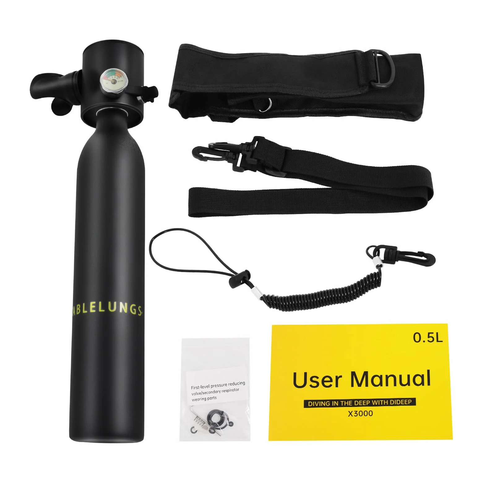 Mini bottiglia per immersioni da 0,5 l, con manometro e valvola di respirazione, in alluminio, 3000 psi, per immersioni, snorkeling
