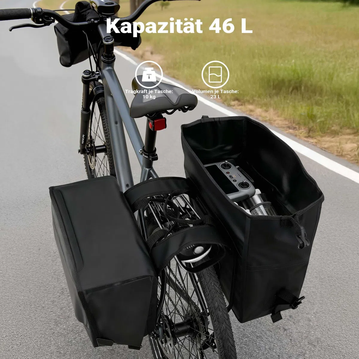 Wiltec Borsa doppia per portapacchi 37 x 16 x 51 cm, borse bici posteriori con 46 l di spazio, borse posteriori bici impermeabili, borsa da viaggio per bicicletta con tasche laterali