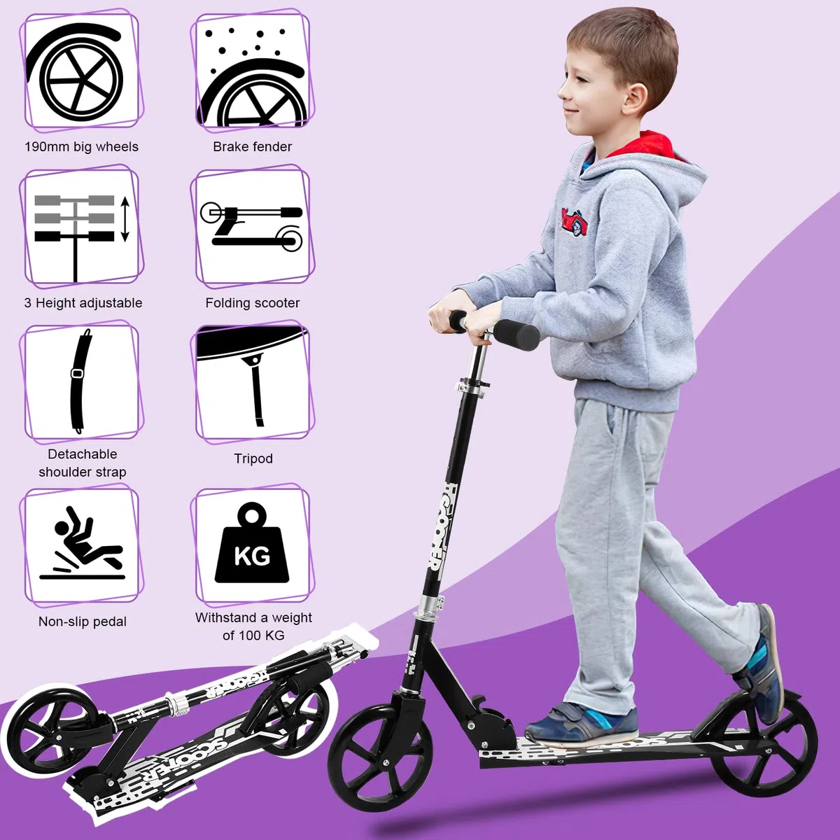 Monopattino per bambini, 2 ruote, scooter a 3 altezze, 205 mm, con tracolla, monopattino fino a 100 kg, per ragazze, ragazzi e bambini dai 5 anni in su