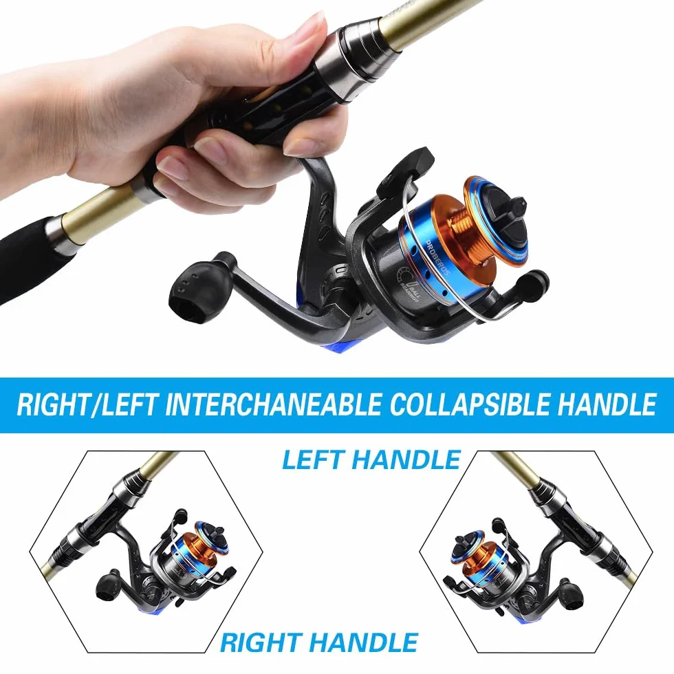 Set composto da canna da pesca telescopica e mulinello, con lenza, esche, borsa per il trasporto, canna da spinning e mulinello per acqua salata e d'acqua dolce