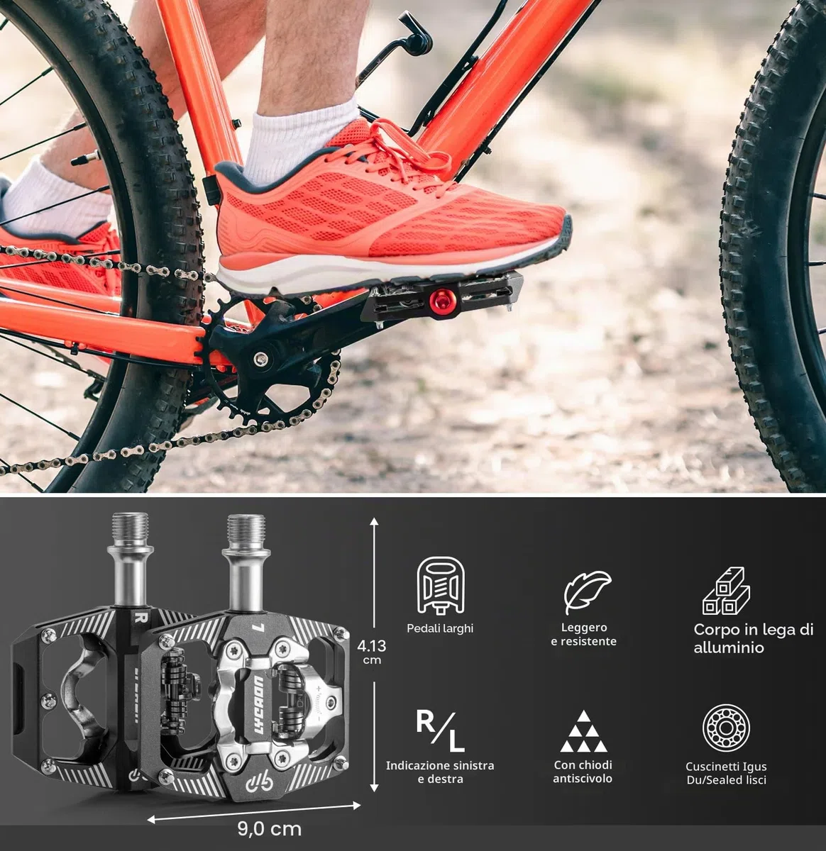 LYCAON Pedale per bicicletta da ciclismo - Pedale a piattaforma per mountain bike a doppia funzione, piatto e senza clip, in alluminio lavorato a CNC, 3 cuscinetti sigillati, compatibile con SPD