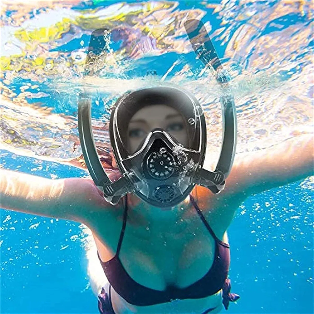 Maschere Subacquee Integrali per Lo Snorkeling, Maschere da Snorkeling, Attrezzature Anti-Appannamento E Anti-Perdita, Attrezzatura Professionale per Adulti E Bambini.（Black-S）