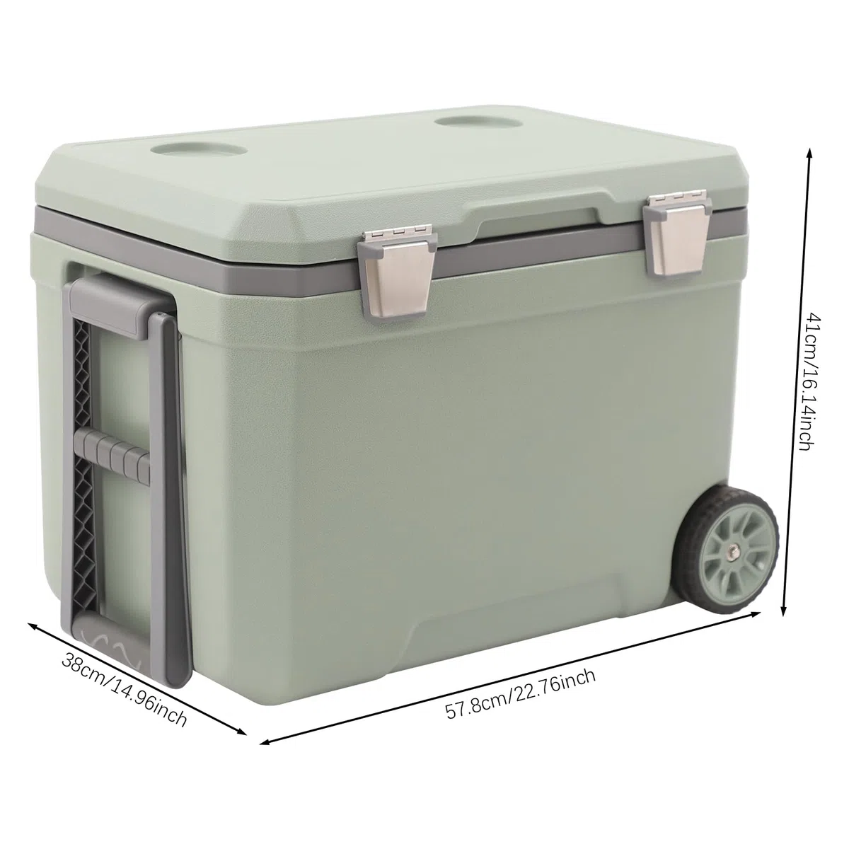 Borsa frigo con ruote, da campeggio, 45 litri, con manico telescopico e 2 ruote, isolamento dal freddo per 24 ore, portabicchieri integrato, per picnic, barbecue, verde