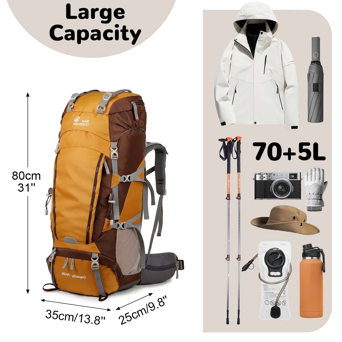 75L Zaino Trekking Regolabile, Grande Zaino da Viaggio con Copertura Antipioggia, Zaino Montagna Impermeabile con Distaccabile Barre in Alluminio per Campeggio Escursionismo, Giallo