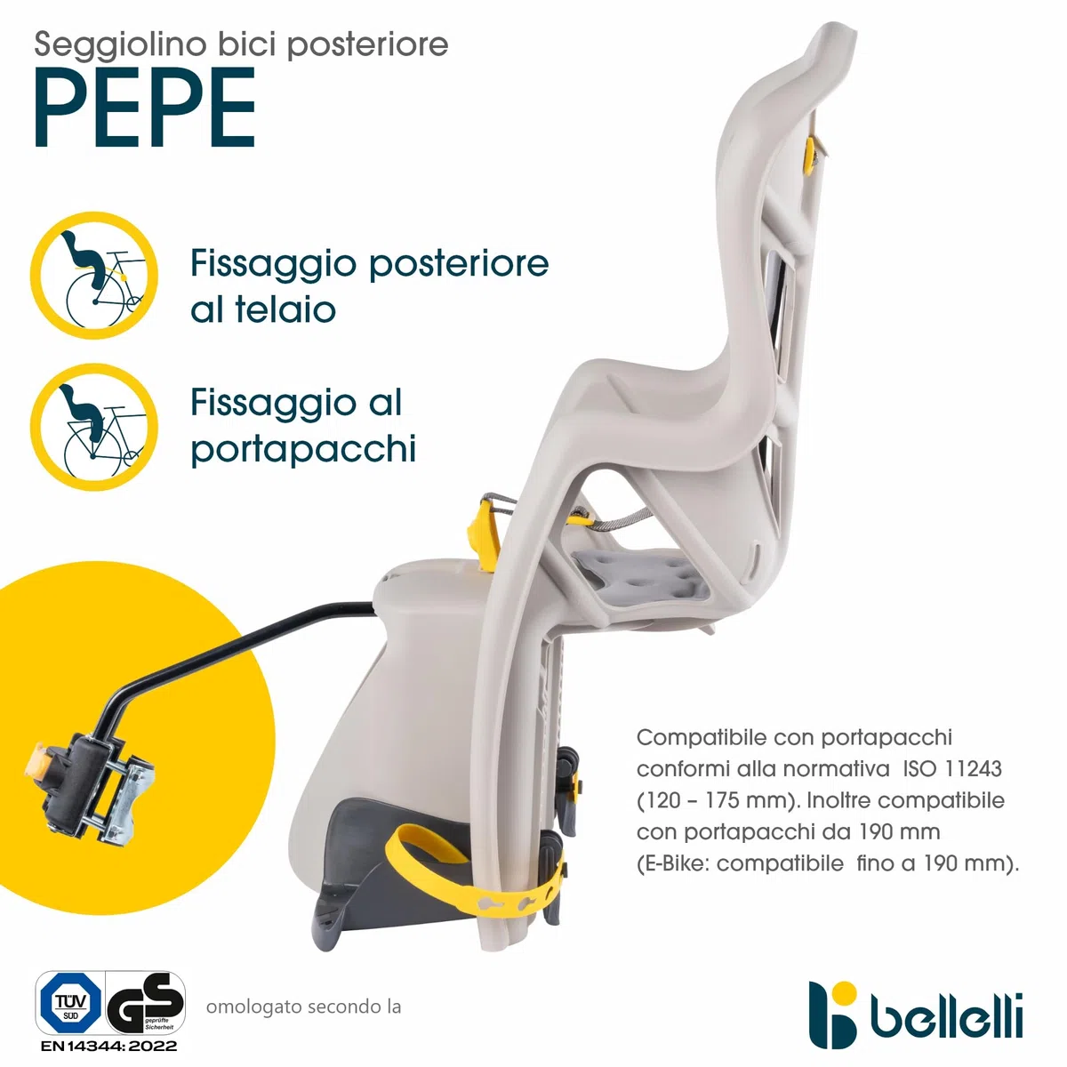 Bellelli | Pepe - Seggiolino Posteriore per Bicicletta - per Bambini Fino a 22 kg, da 3 a 8 Anni - Si Fissa al Telaio - Colore Black