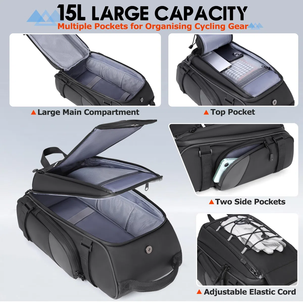 RAINSMORE Borsa Bici Posteriore 15L Portapacchi Bici Posteriore Impermeabile con Copertura Antipioggia e Striscia Riflettente Multifunzionale