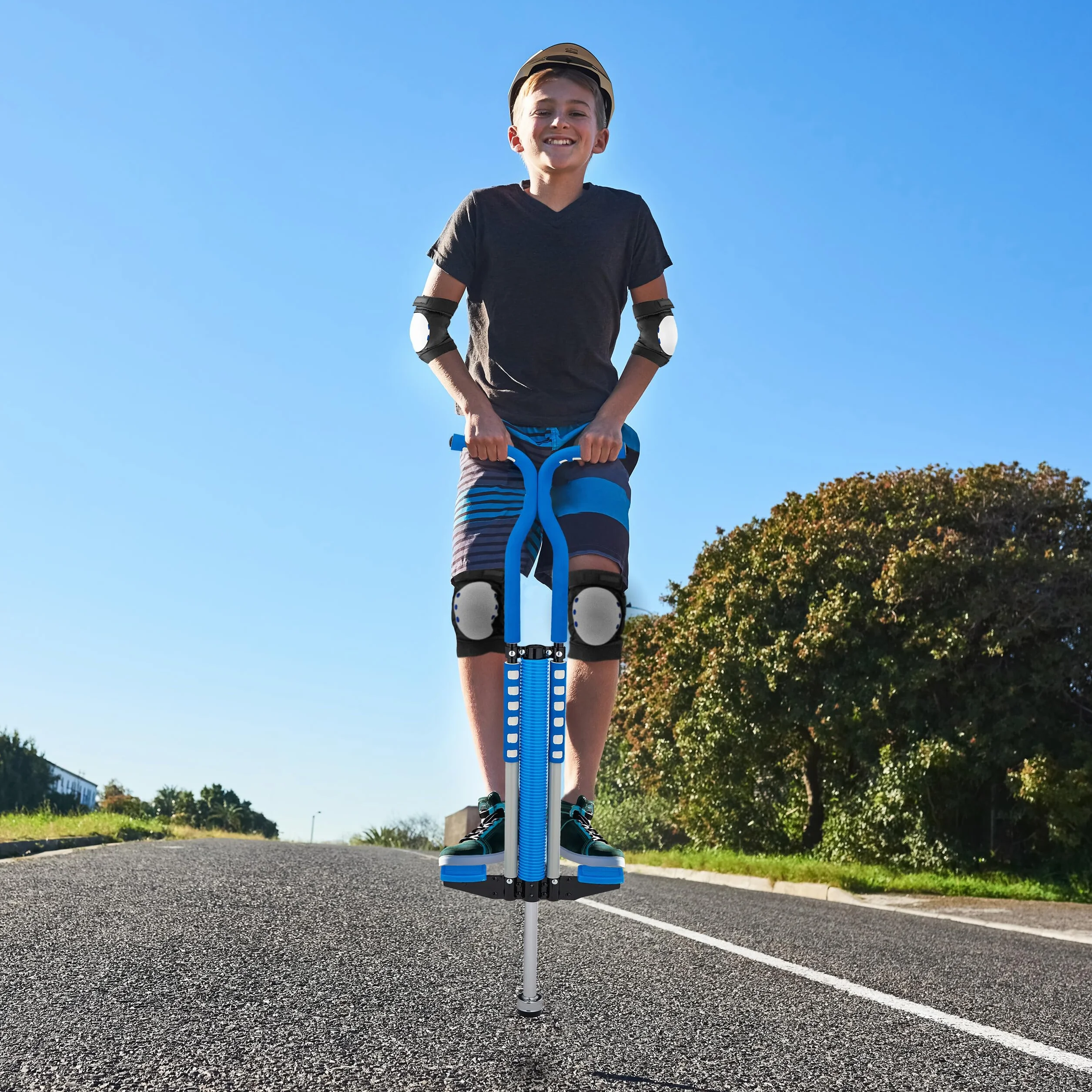 Relaxdays Salterello per Bambini, Pogo Stick, Bastone Salta-Salta, regge 60 kg, Impugnatura Imbottita, Acciaio Inox, Blu
