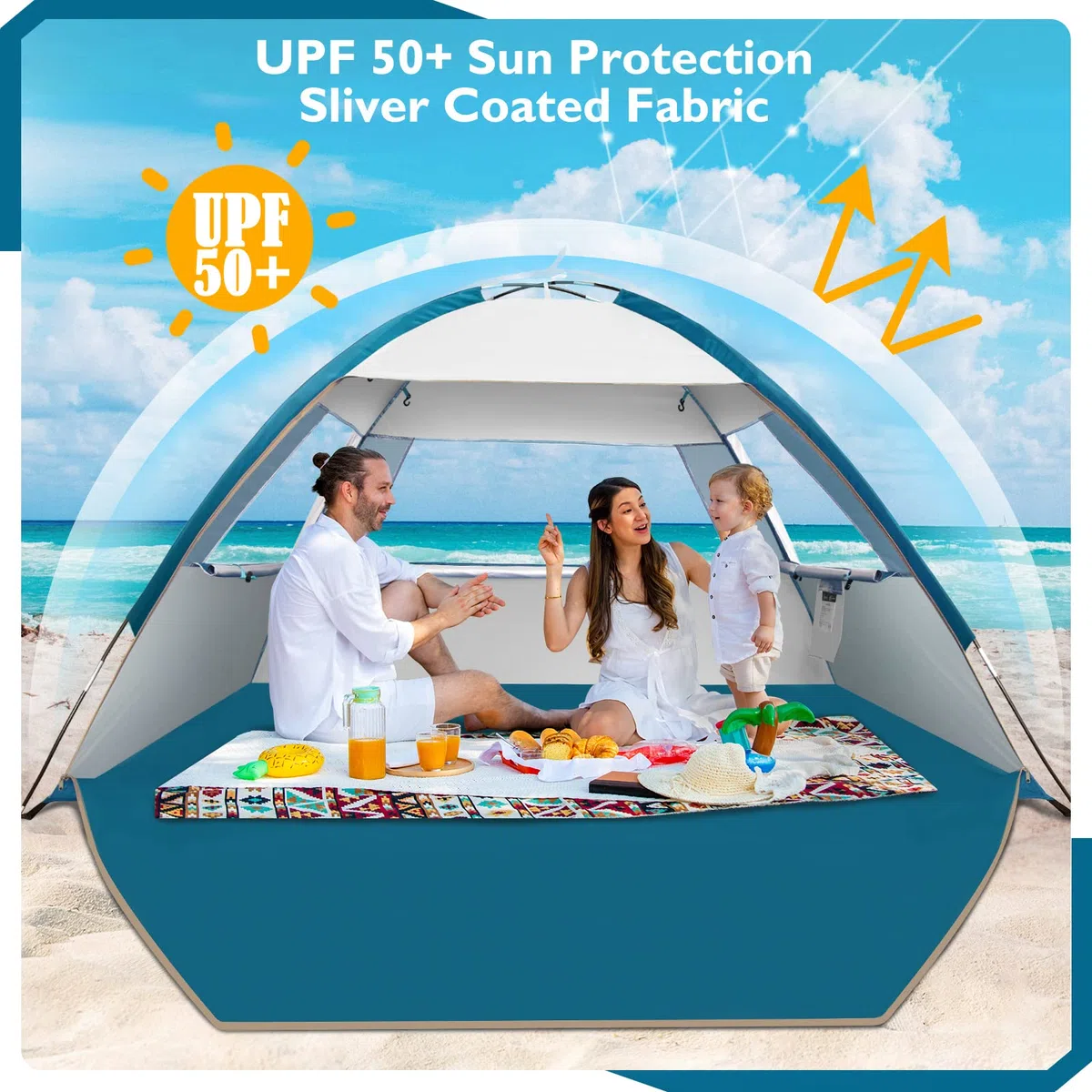 COMMOUDS Tenda da Spiaggia Per 3-4 Persone, Portatile UPF 50+, Leggera, Facile da Montare e da Trasportare. Tenda da Sole, da Campeggio, Pesca, Esterno