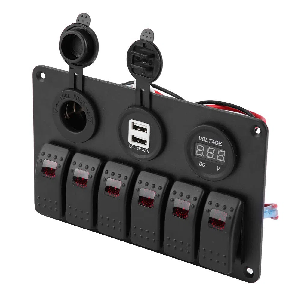 Interruttore a bilanciere, 12V 24V 6 Gang Car Boat Marine LED Interruttore a bilanciere Pannello Doppio USB Voltmetro Accendisigari(Rosso)