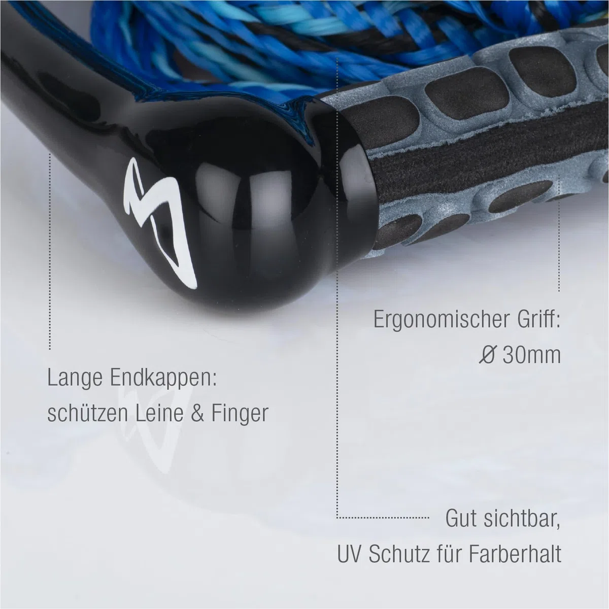 MESLE Wakeboard & Waterski Corda Ergo, Impugnatura ergonomica in Schiuma Eva, Galleggiante, Lunghezza Corda di trazione con Manubrio 23 m, accorciabile a 16,7 m, con Rope Keeper