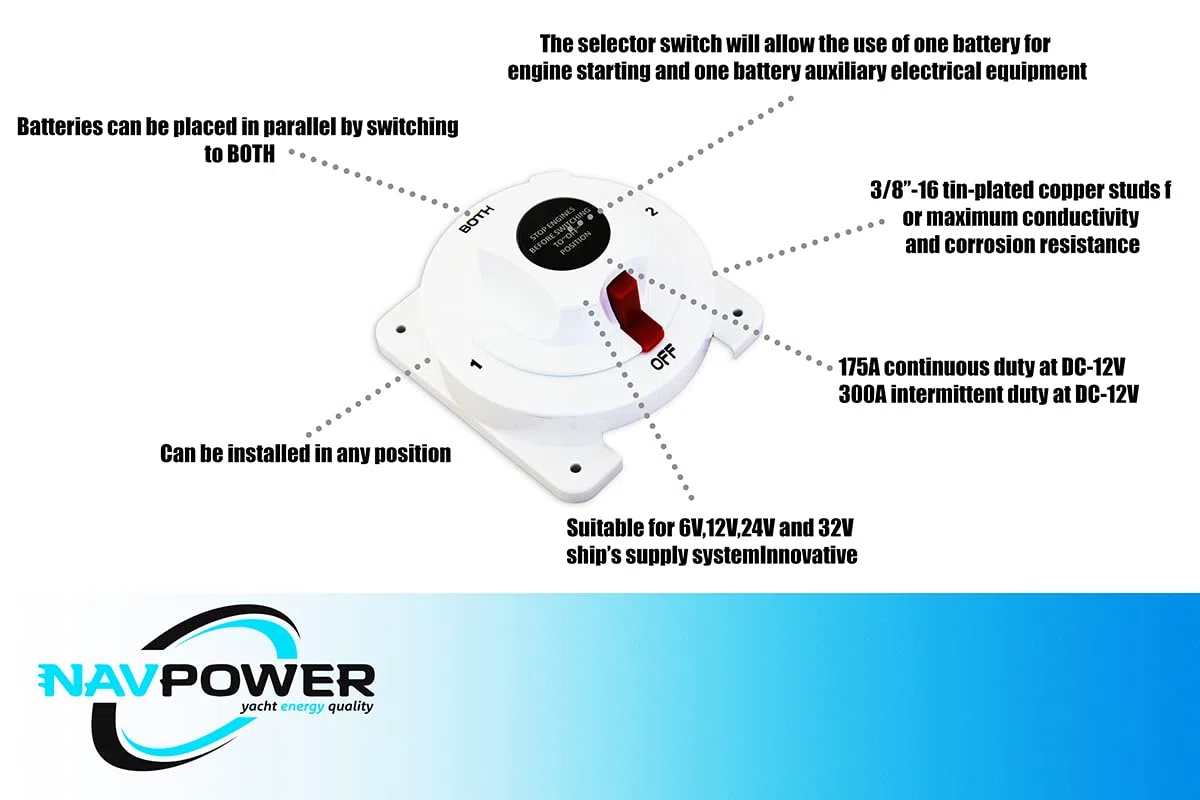 Navpower - Staccabatterie Selettore Deviatore Interuttore di interruzione 12/24 v - Posizioni 1/2/BOTH/OFF Materiali Alta qualità - Barca Camper Gommone 1 o 2 Batterie
