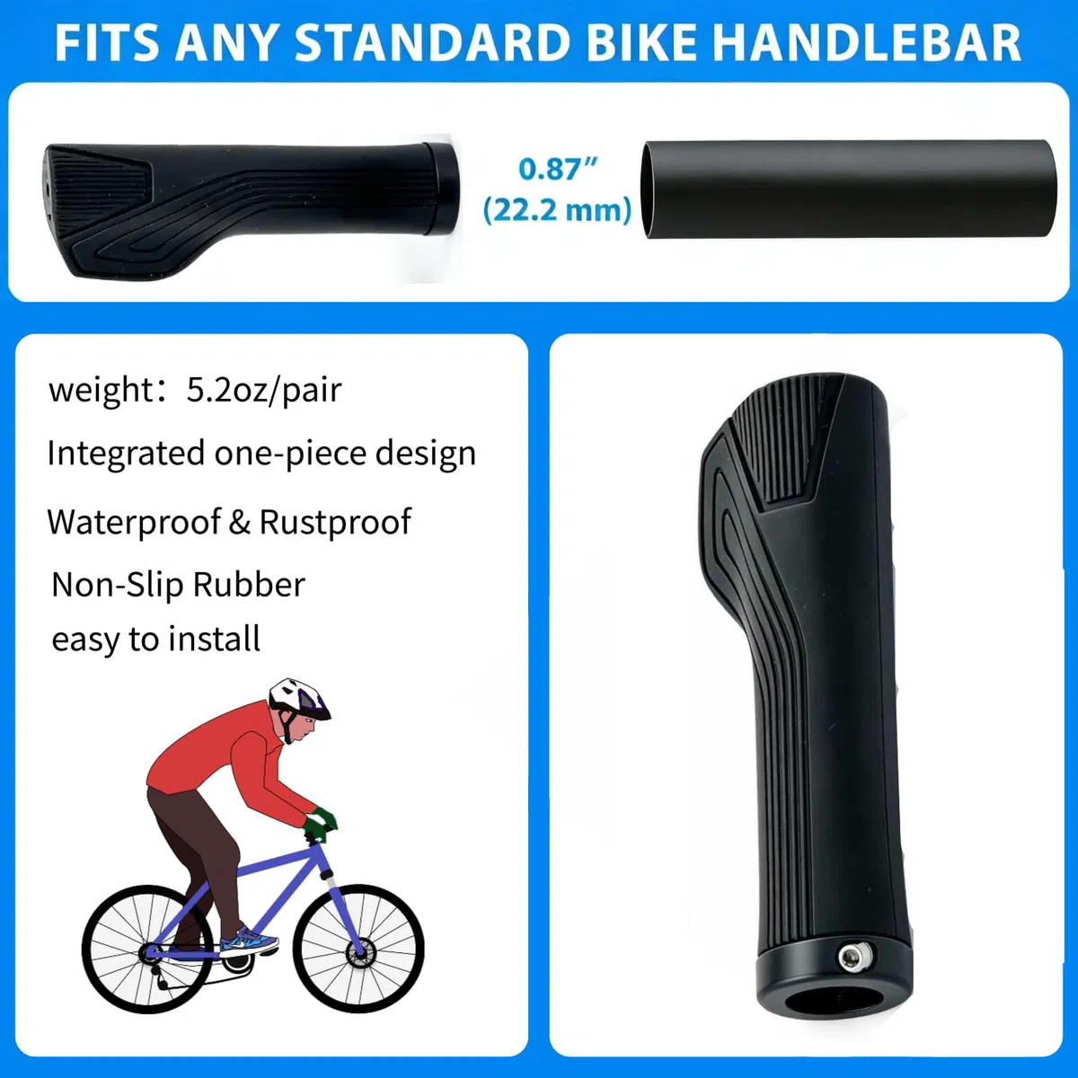 Manopole per bici e E-Bike, blocco singolo sul manubrio della bicicletta, per BMX, MTB, City, bici pieghevole, morbida impugnatura in gomma antiscivolo, comoda ed ergonomica