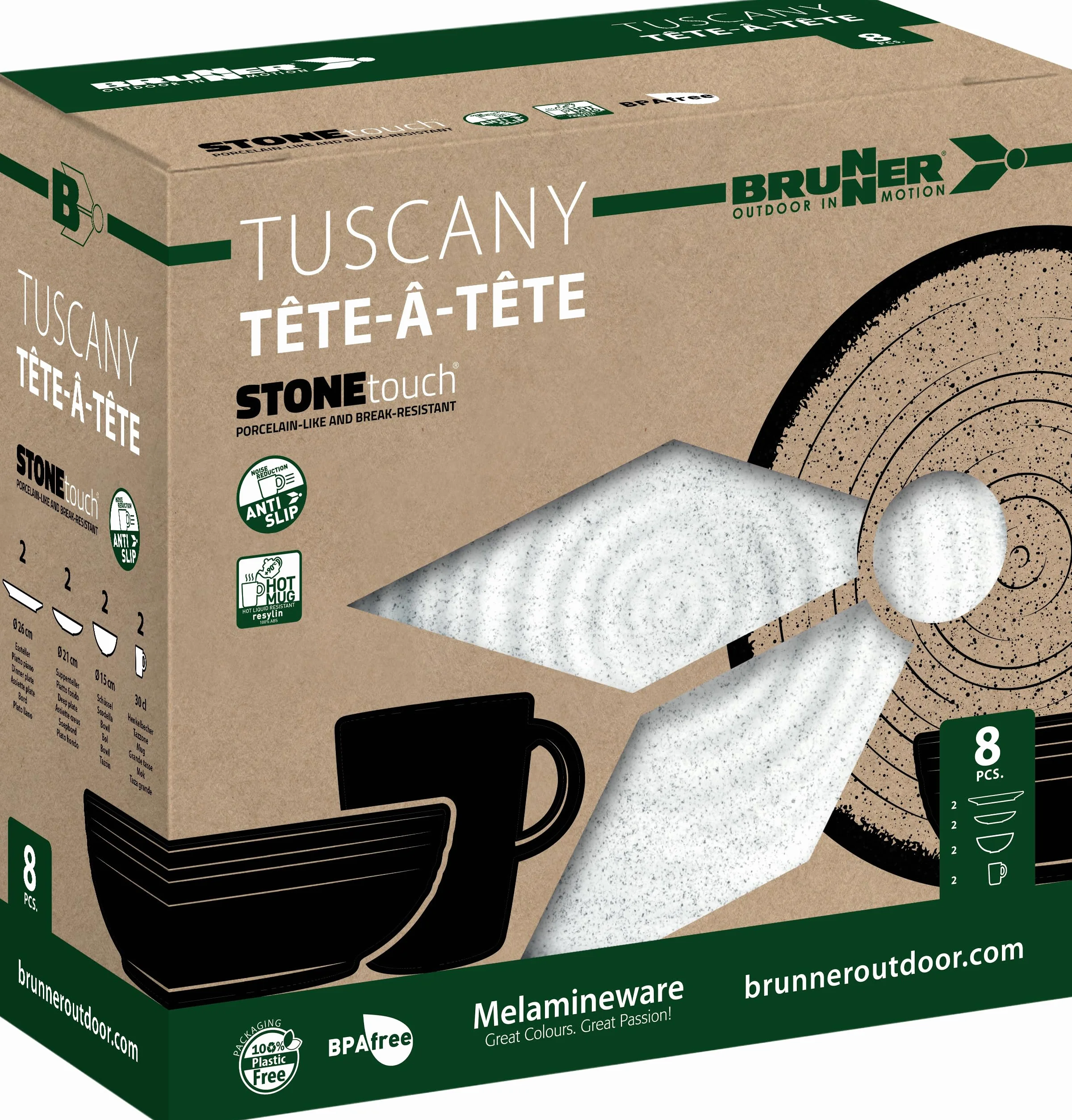 Brunner 0830143N.C5T Set Stoviglie da Campeggio per 2 Persone, Tête-À-Tête Tuscany, 8 Pezzi