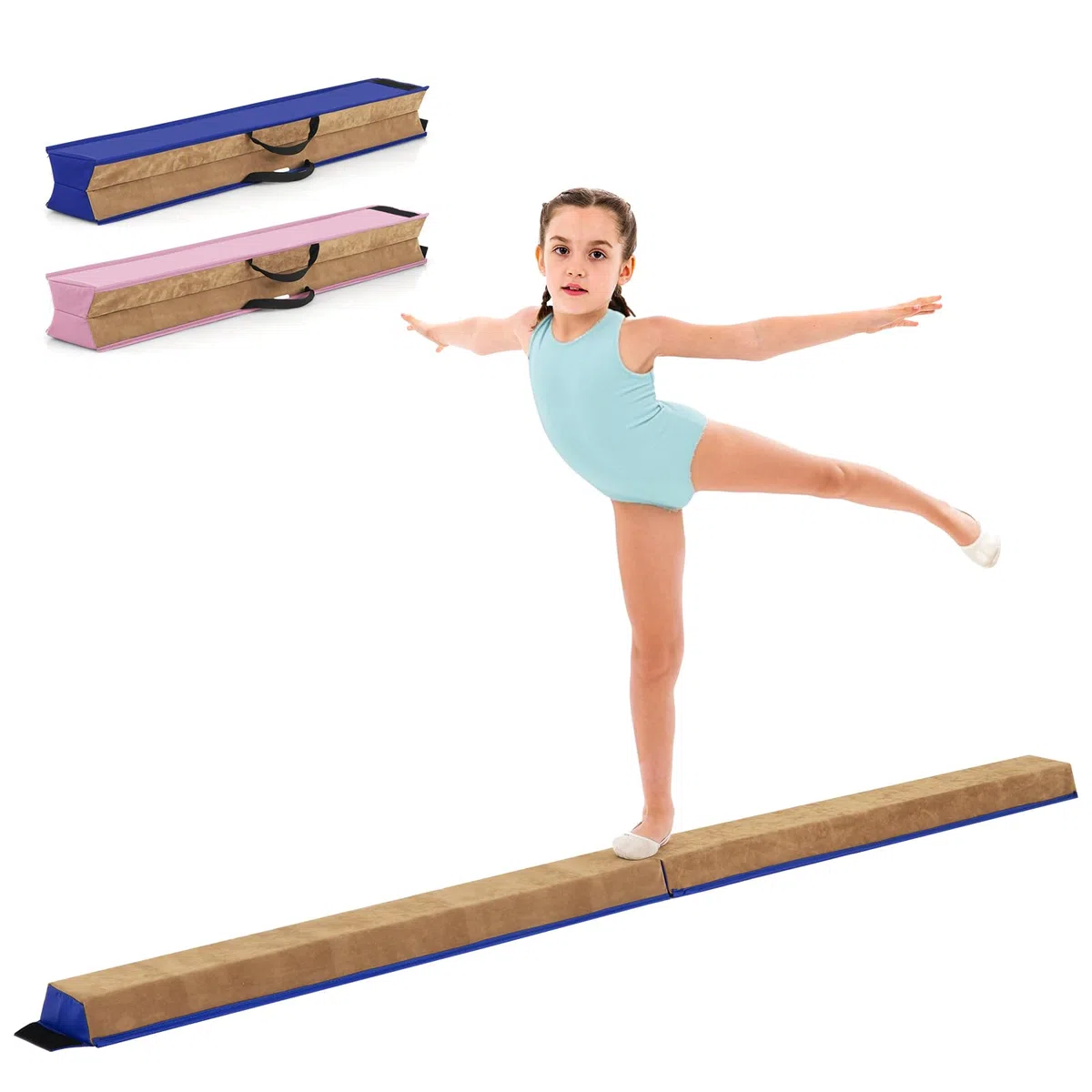 COSTWAY Trave da Ginnastica per Bambini Pieghevole 240 cm, Trave di Equilibrio Portatile conSuperficie in Pelle Scamosciata e Schiuma Morbida, Attrezzatura per Ginnastica a Casa