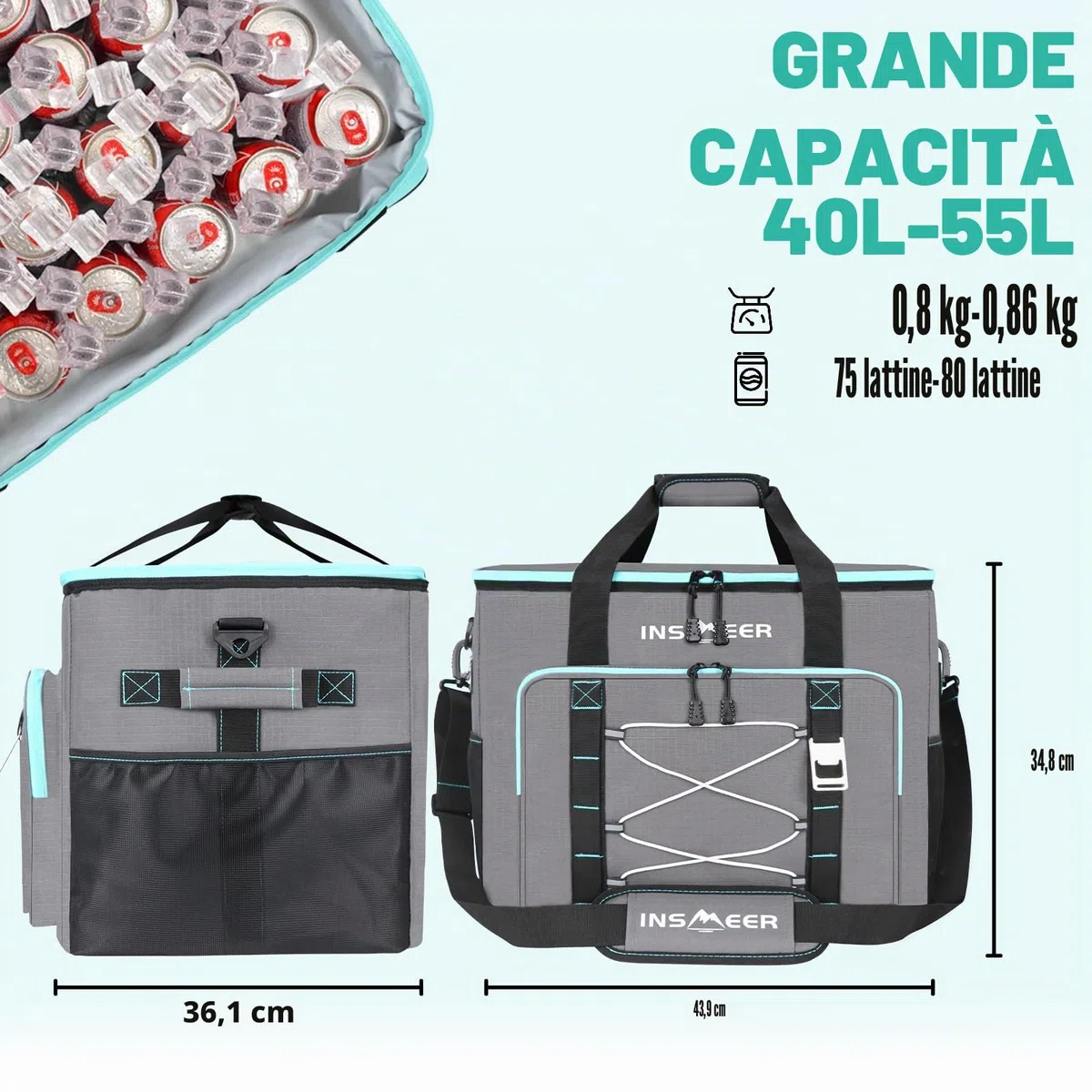 INSMEER Borsa termica Gross da 55 l, 80 cans, pieghevole, a prova di perdite e impermeabile, con apribottiglie, XXL, borsa da picnic e shopping per gite, campeggio, spiaggia