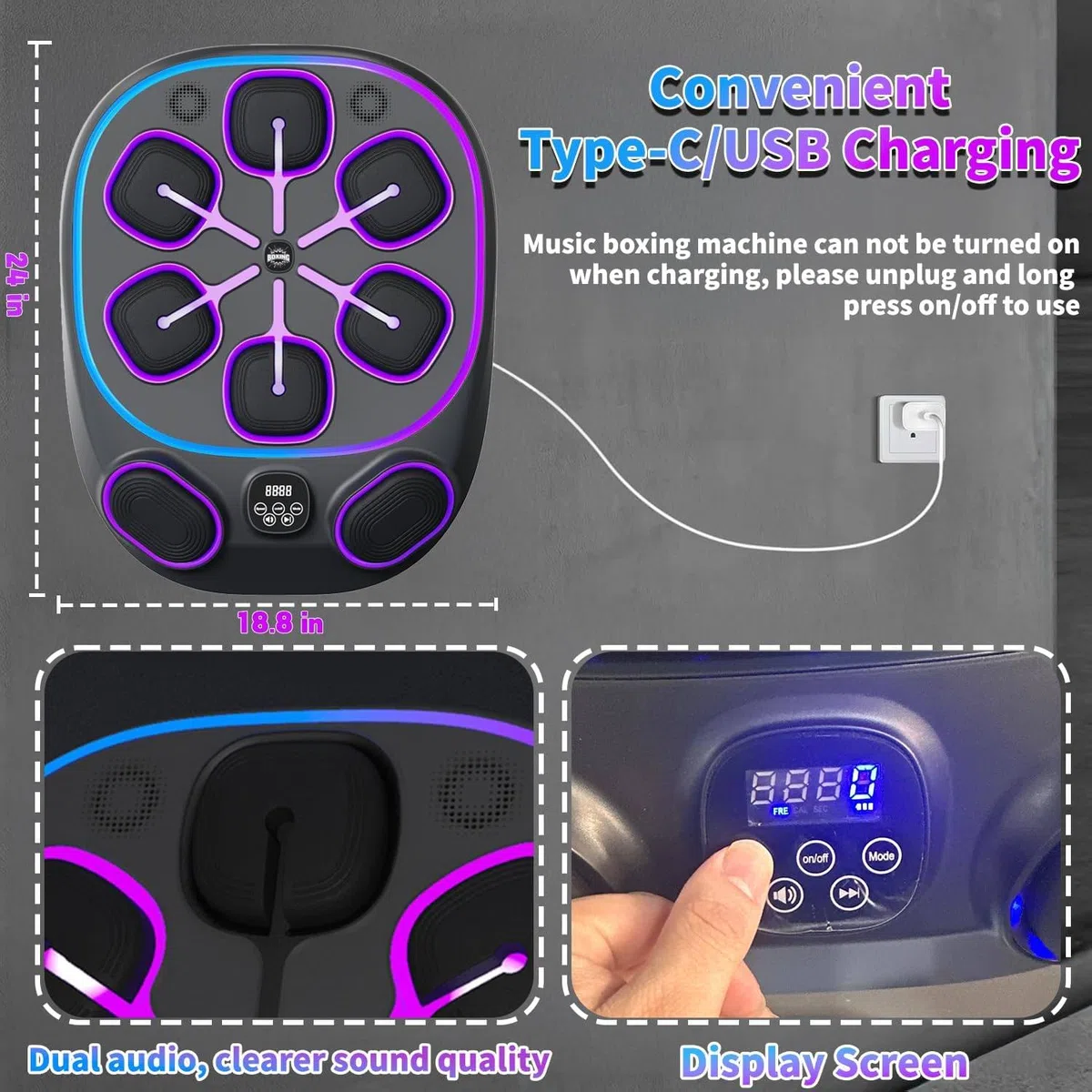 Music Boxing Machine - Sacco da boxe da parete con 8 zone di destinazione, sincronizzazione smartphone, contatore LED e design portatile per allenamento in palestra a casa