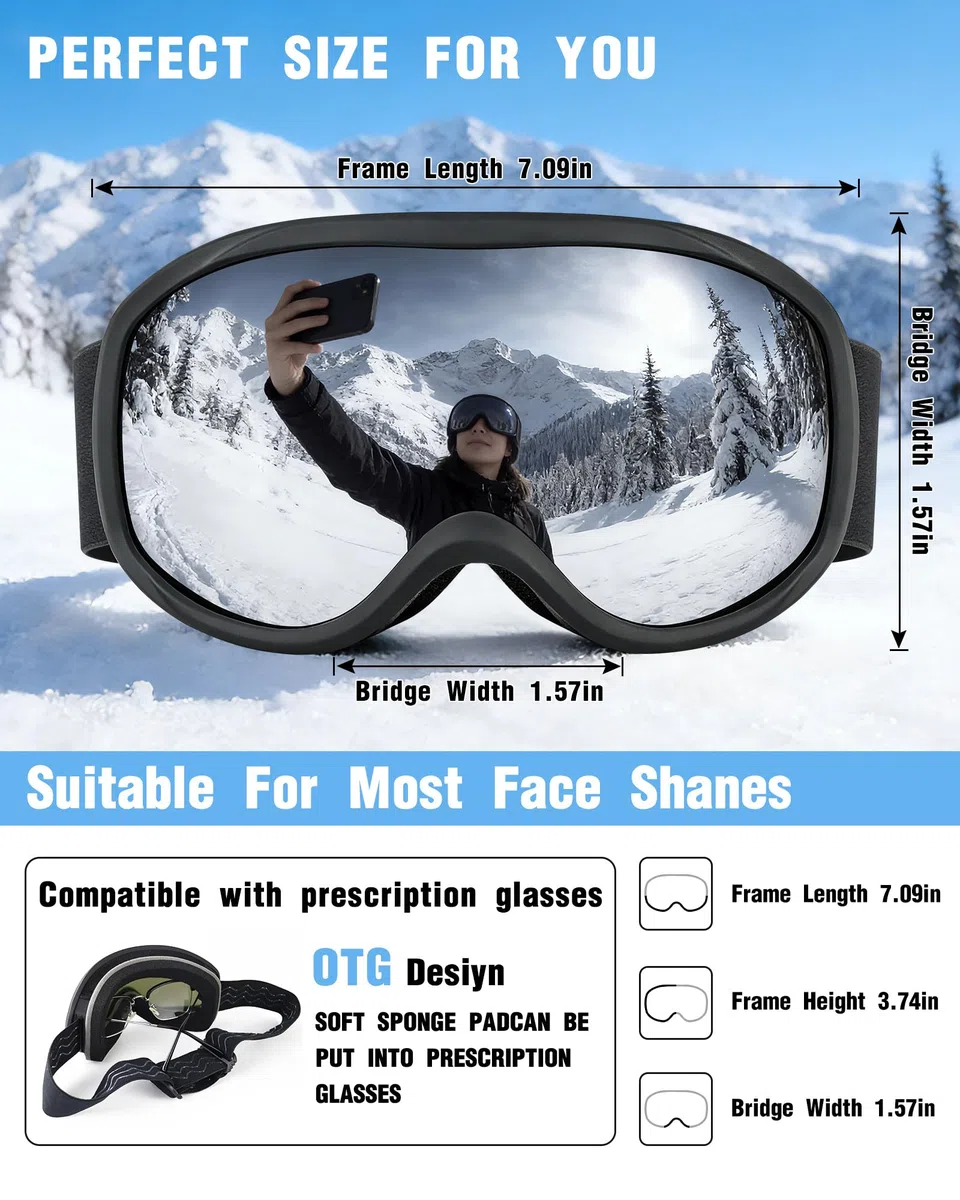 FMY Occhiali da snowboard e sci per adulti, anti appannamento, protezione UV, occhiali da sci per uomini, donne e giovani